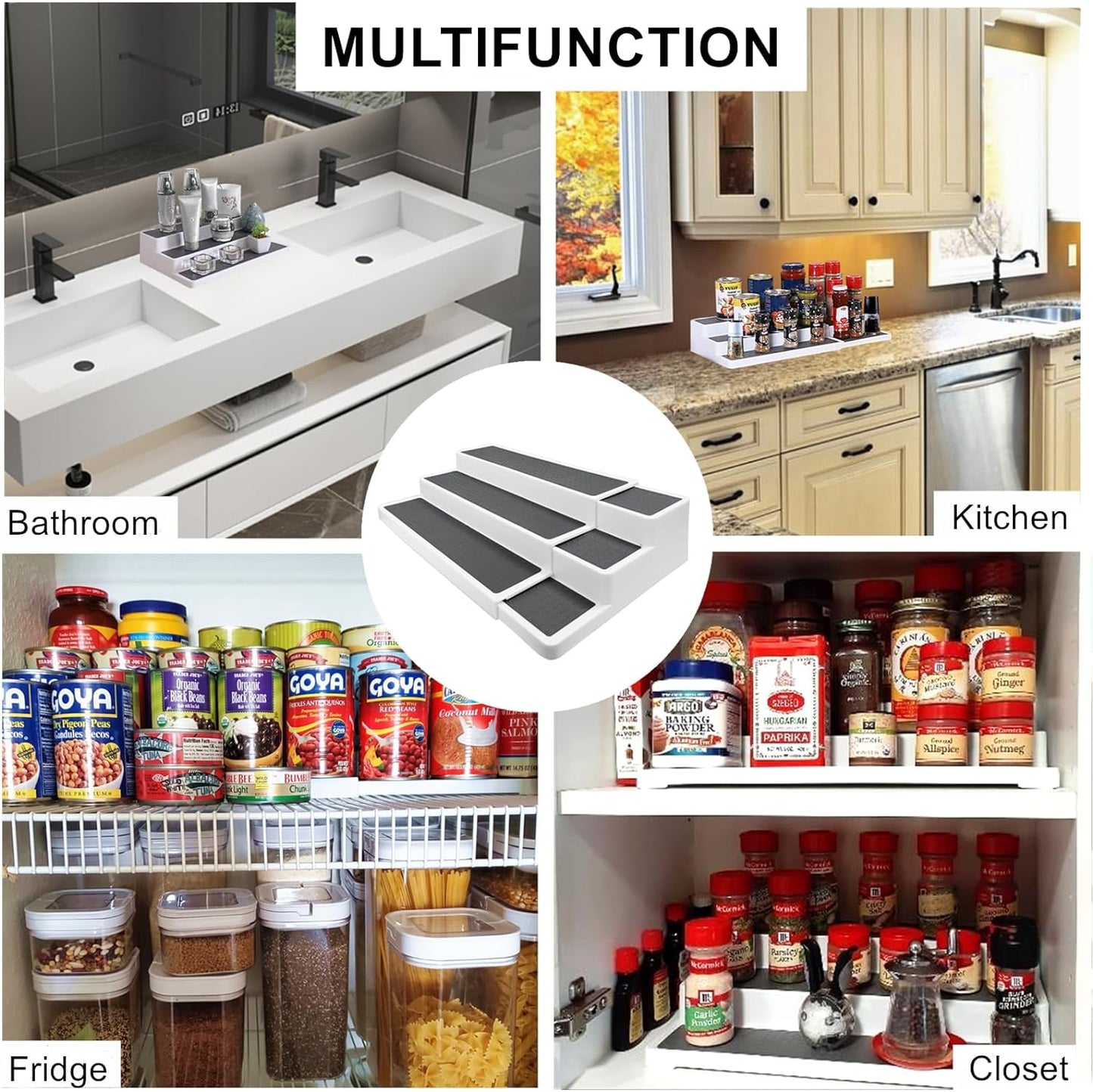 3 Tier Expandable Spice Rack Organizer, White/Grey Plastic Spice Rack, Adjustable Length 14.6In-25.8In, 2 Pack Non-Skid Tiered Spice Shelf Organizer for Kitchen Cabinet, Cupboard, Pantry