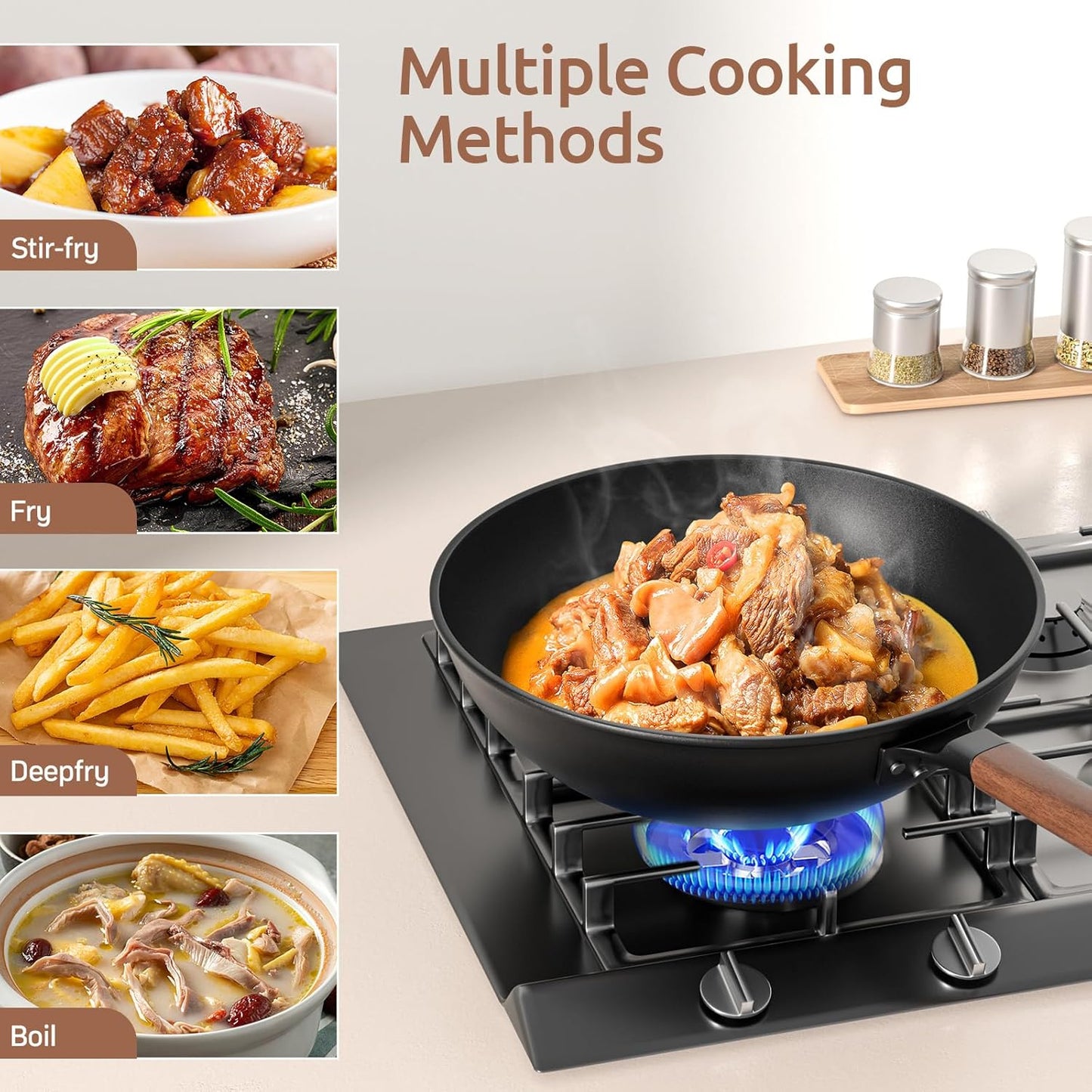 Carbon Steel Wok - Including Glass Cover and Silicone Spatula, 13-Inch Woks & Stir-Fry Pans for Induction, Electric, Gas Stoves