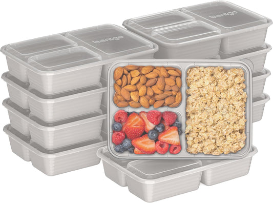 Bentgo 20-Piece Lightweight, Durable, Reusable BPA-Free 3-Compartment Containers - Microwave, Freezer, Dishwasher Safe - Stone Gray