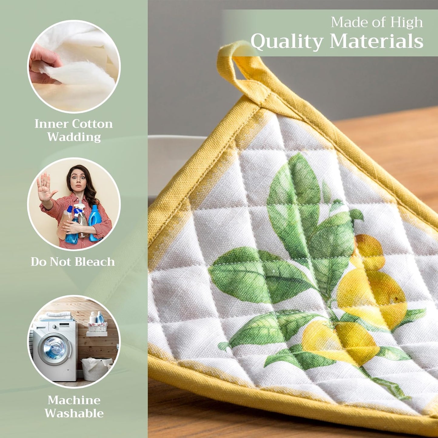 Maison d' Hermine Pot Holders Set 100% Cotton Heat Resistant Potholders 8" x 8" Hot Pads with Loop BBQ, Cooking, Baking, Grilling, Kitchen, Handling Hot Pans Spring/Summer (Pack of 2, Limoncello)