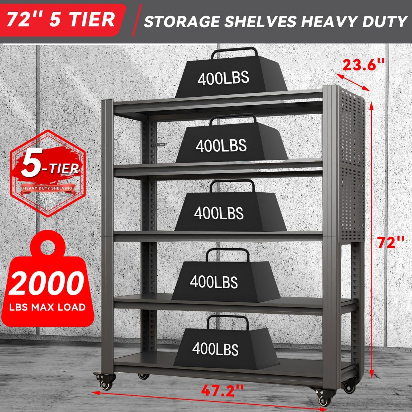 72" H 5-Shelf Metal Storage Shelves, 2000 lbs Garage Shelving Unit with Pegboard, Adjustable Industrial Heavy Duty Storage Rack with Wheels, 47.2" W x 23.6" D for Pantry Basement, Black