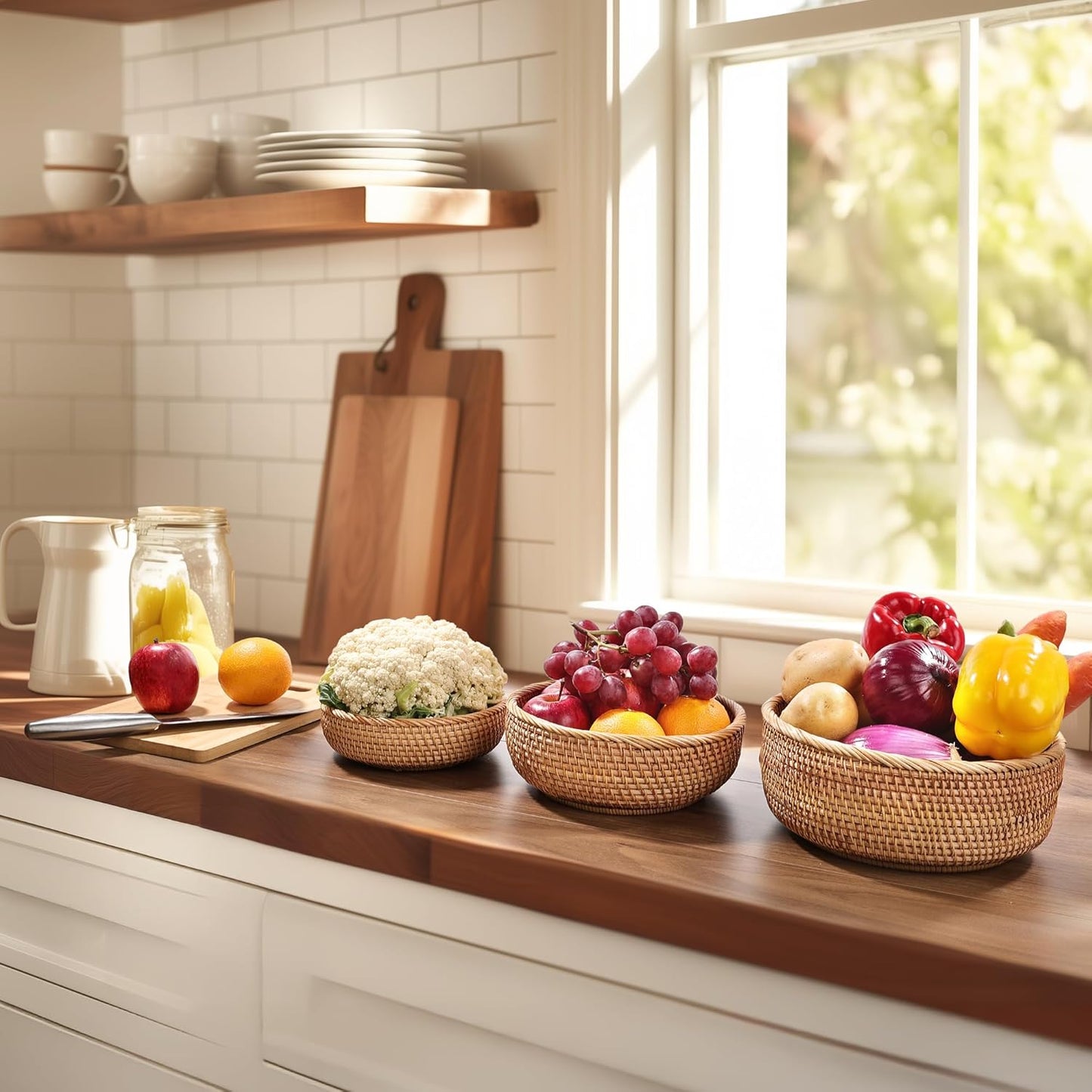 Honey Brown Natural Rattan Bread Basket Set of 3 - Handwoven Round Wicker Serving Bowls for Fruit, Snacks, Kitchen Counter Organizing | Stackable Farmhouse Decor
