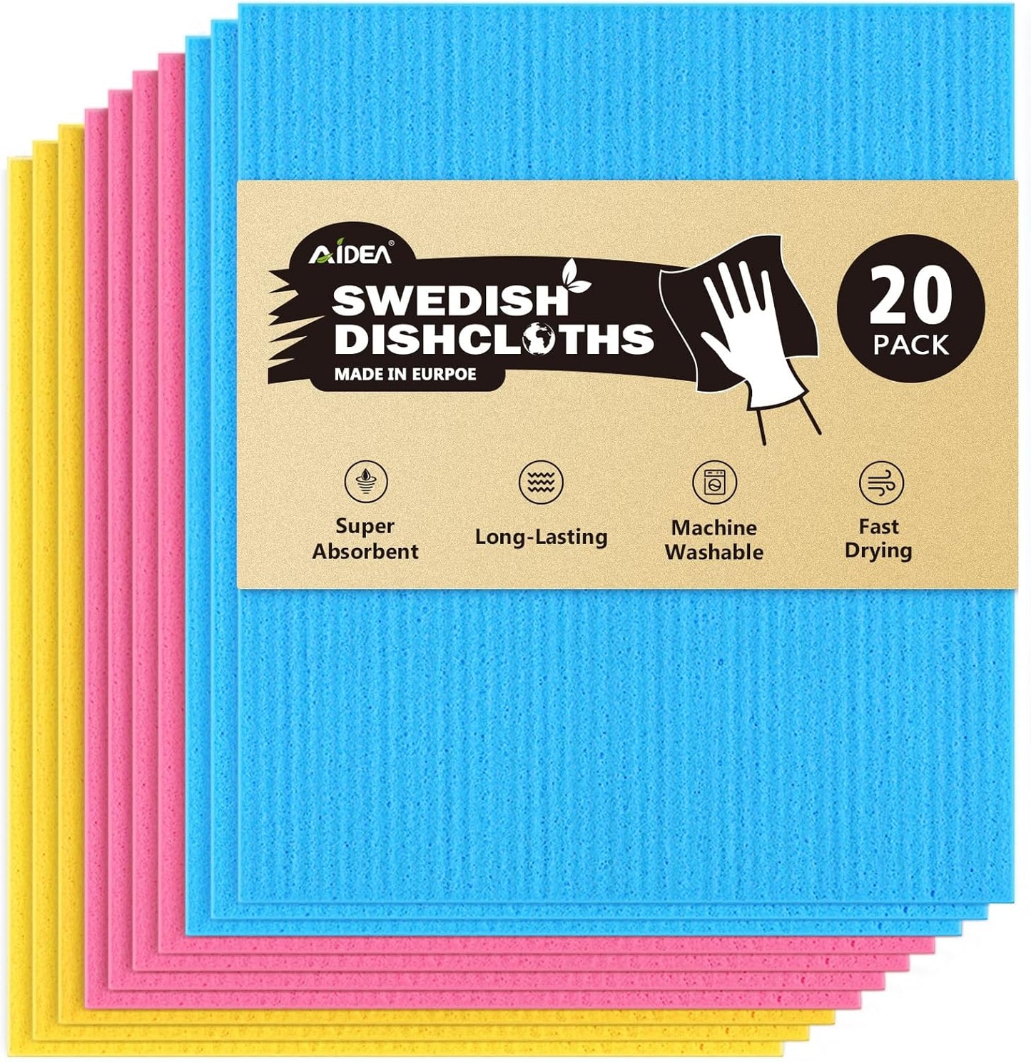 AIDEA Swedish Dishcloths for Kitchen, 20PK, Reusable Paper Towels, Kitchen Washcloths Dish Rags, Eco Friendly No Odor Reusable Cleaning Cloths, Cellulose Sponge Cloths, 7"×6"