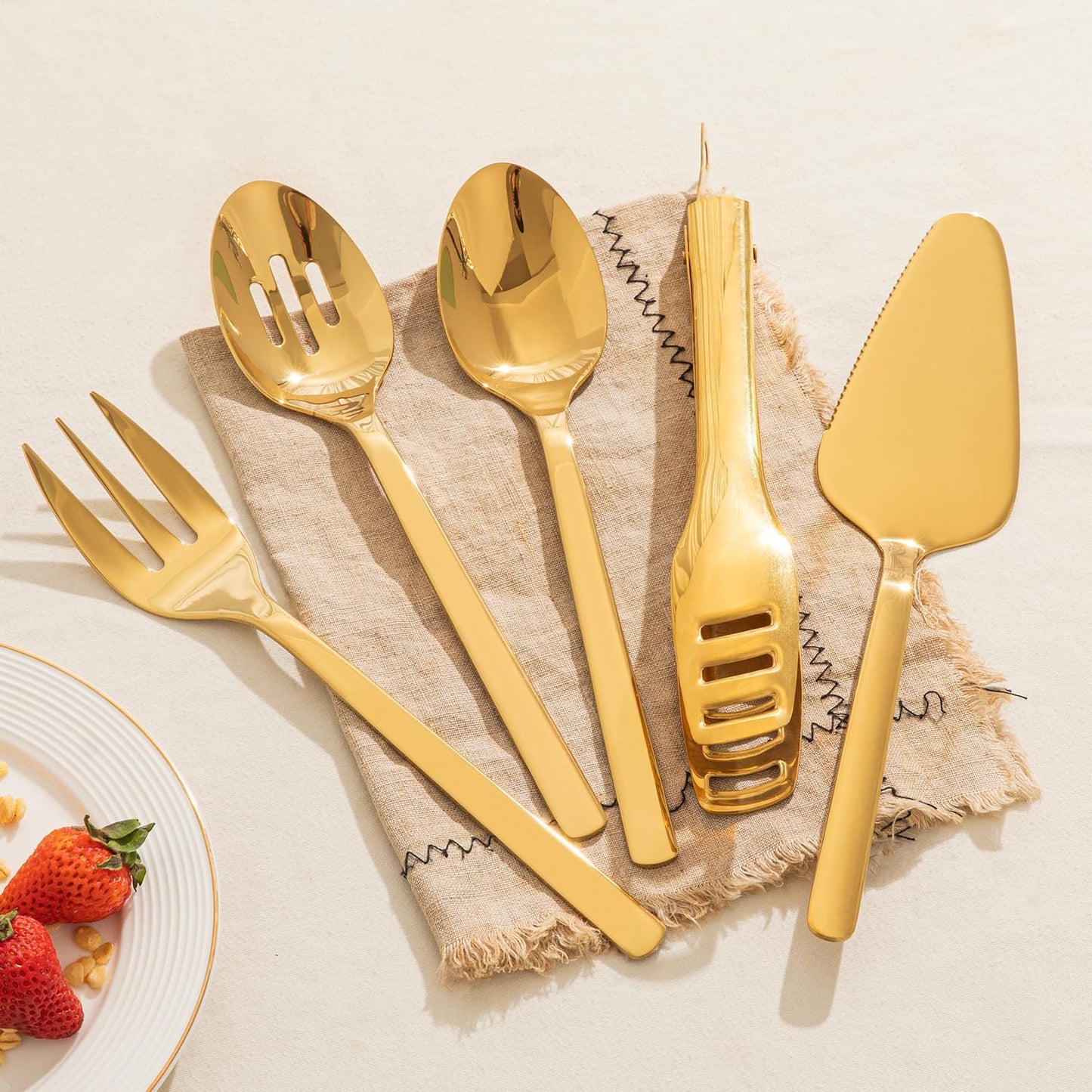 KINGSTONE Large Hostess Serving Utensils Set,18/10 Stainless Steel Heavy Duty 10inch Serving Spoons,Slotted Spoons,Serving Fork,Serving Tongs, Cake Pie Server For Buffet, Wedding, Party, Gold