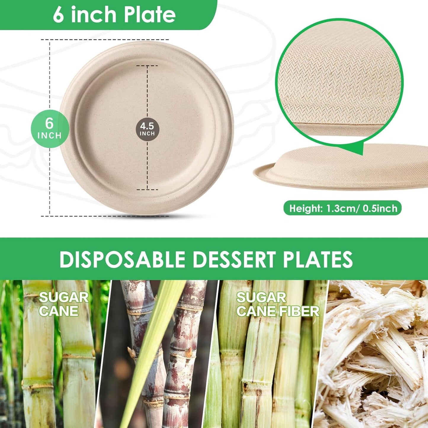 Gezond Compostable Small Paper Plates 6 Inch 125 Pack Dessert Plates Disposable Heavy-duty Made of Sugarcane Fiber