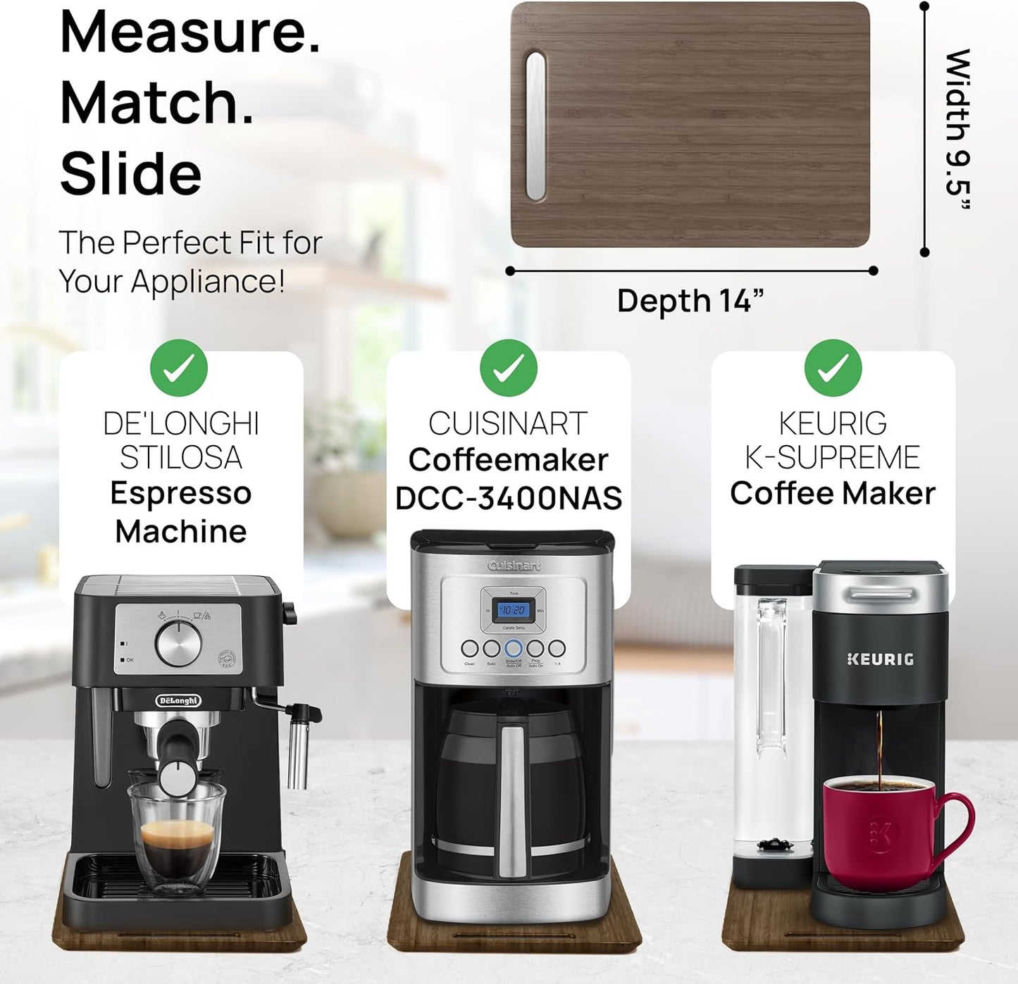 Ibyx Elegant Sliding Tray for Your Coffee Maker & Heavy Kitchen Appliances - Sturdy, Slides Easily from Under The Cabinet (Brown, 9.5”W x 14”D)