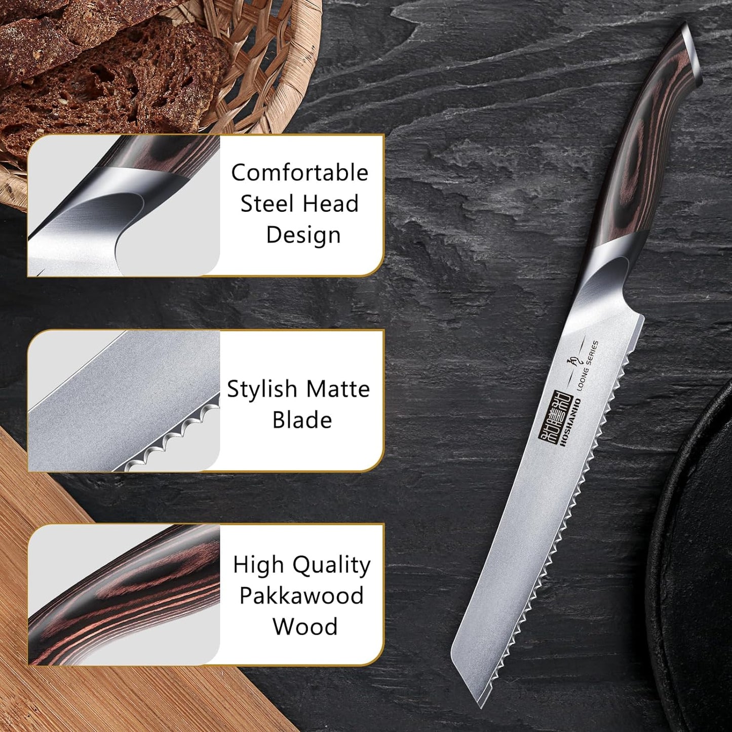 Bread Knife 8 inch, Japanese High Carbon Stainless Steel Serrated Bread Knife, Professional Bread Cutting Knife for Homemade Bread