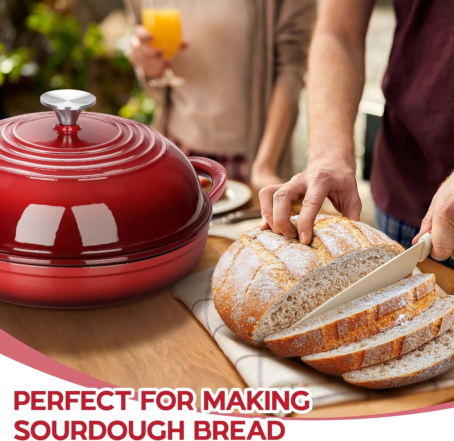 E-far Dutch Oven for Sourdough Bread Baking, 6 Qt Round Enameled Cast Iron Dutch Oven for Homemade Artisan Bread, Dome Lid & Shallow Base, Matte Black Interior & Durable, Oven-Safe to 500℉, Red