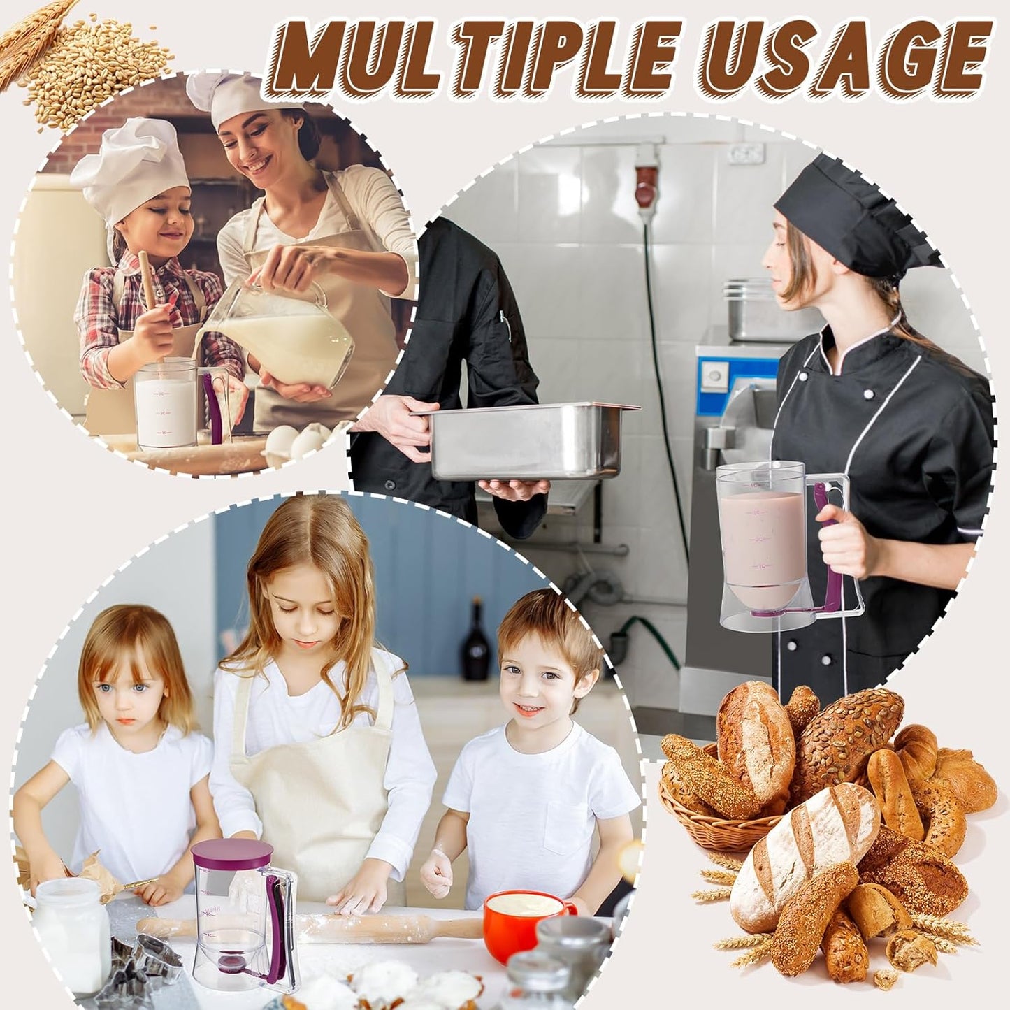 1 Pc Cupcake Batter Dispenser Pancake Mix Dispenser 4 Cups with Squeeze Handle Tools for Pancake, Cupcake, Cookie, Cake, Waffles, Ice Cream Baking Gifts for Kitchen Housewarming (Purple Red)