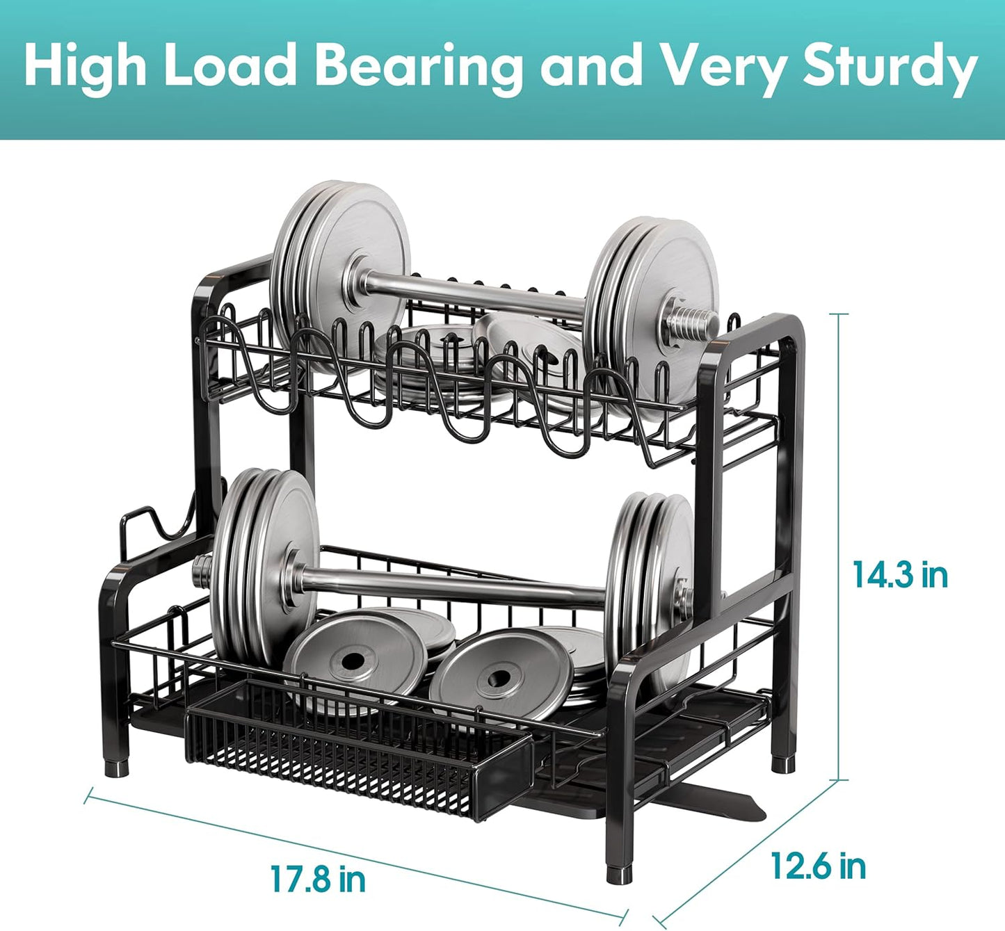 BOOSINY Dish Drying Rack and Drainboard Set for Kitchen Counter, 2 Tier Large Stainless Steel Sink Organizer Dish Racks with Cups Holder, Utensil Holder, Black Dish Strainer Shelf