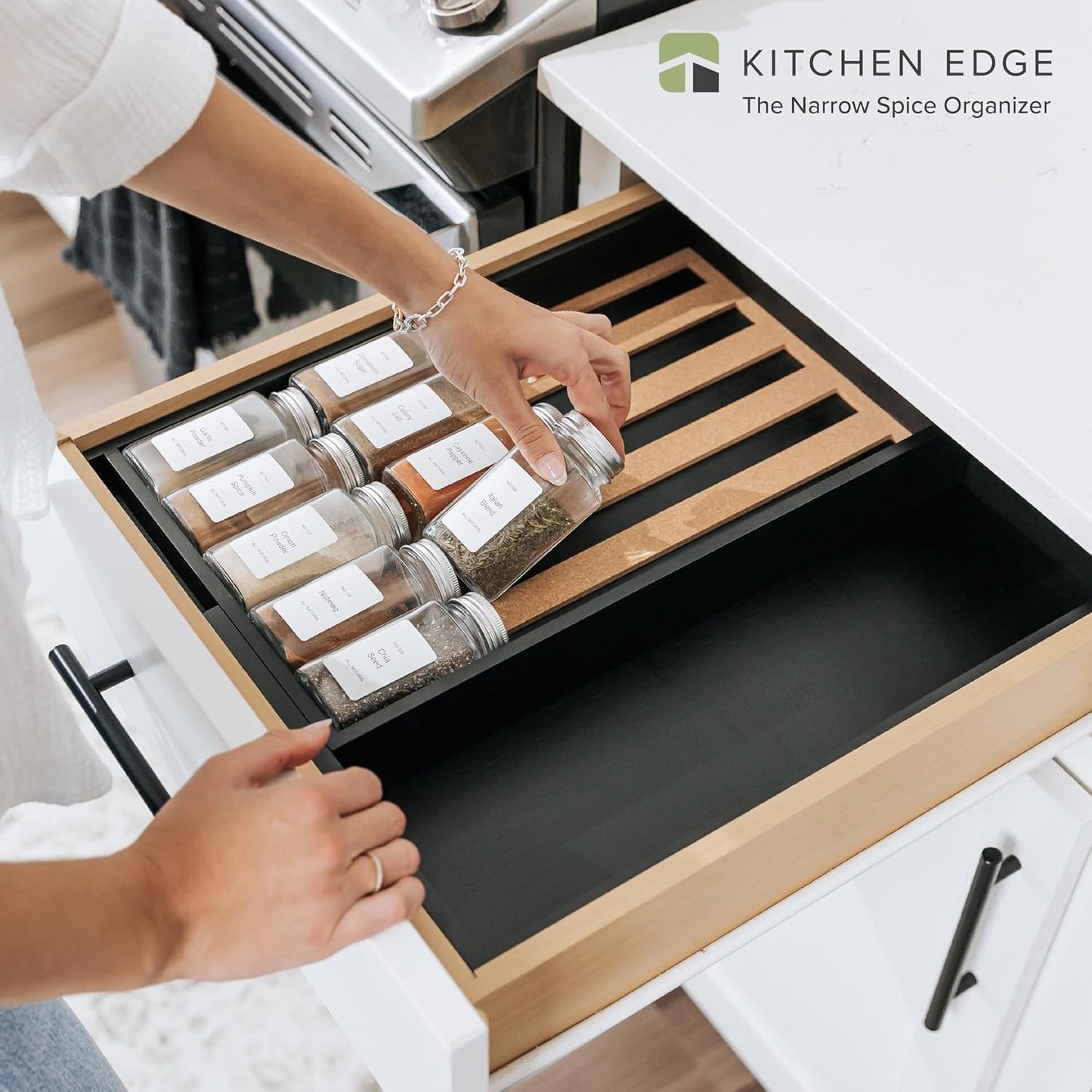 KitchenEdge Spice Drawer Organizer with Expandable Storage. Holds up to 15 Spice Jars (Not Included), Non-Slip Feet, Kitchen Accessory Storage, 100% Sustainable Bamboo Wood, Food-Safe Black Finish