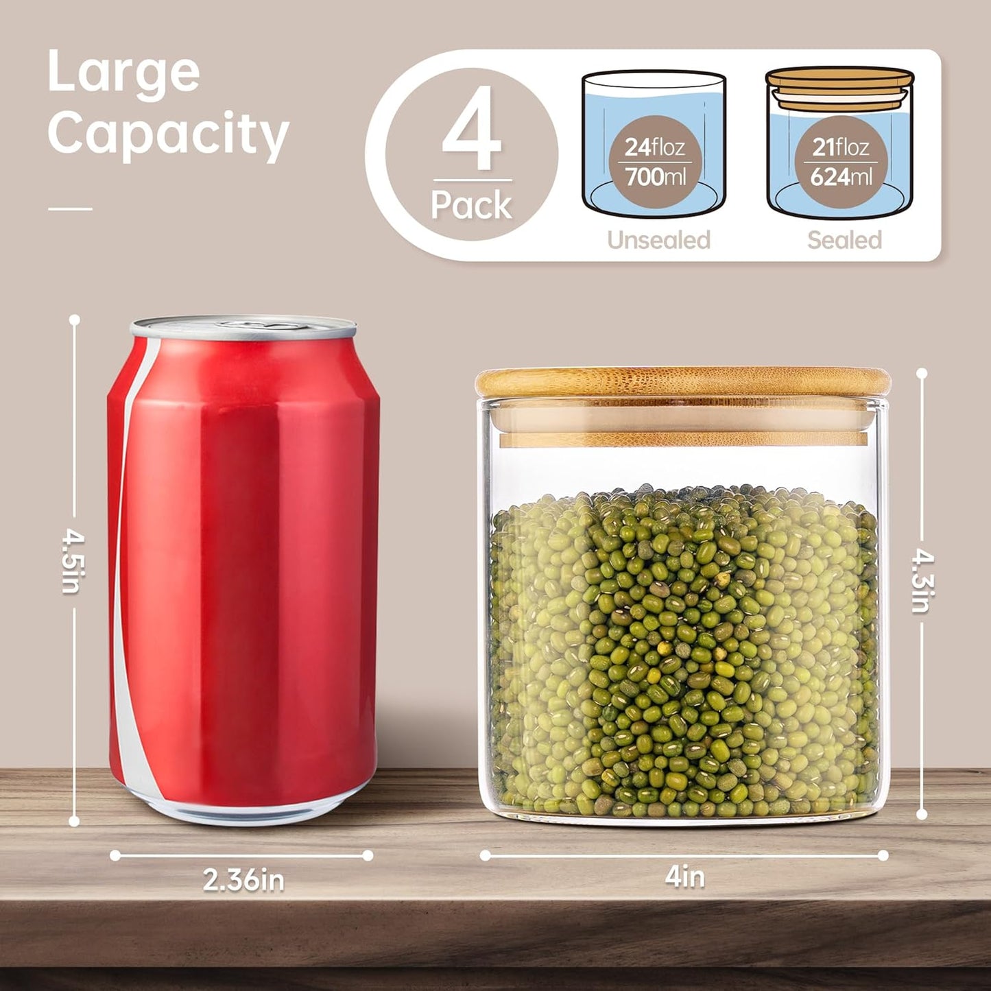 21oz - 4 Pack Glass Jars with Bamboo Lids, Glass Food Storage Containers with Airtight Lids, Air Tight Pantry Storage Containers for Coffee, Sugar, Spice, Meal Prep Jars for Salad & Fruit