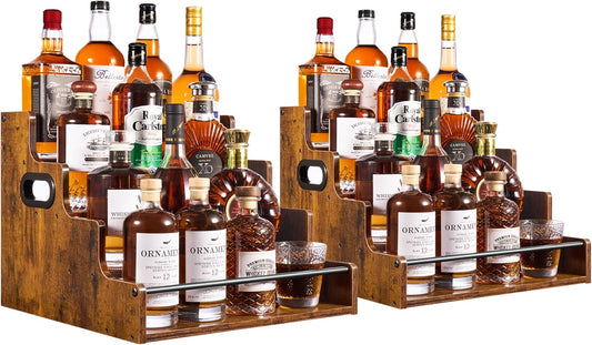 2 Pack 4-Tier Liquor Bottle Display Shelf, 16-Inch Wooden Bar Shelves for Liquor Bottles, Countertop Whiskey Shelf and Bourbon Shelf Organizer for Home Bar, Kitchen (Rustic Brown)