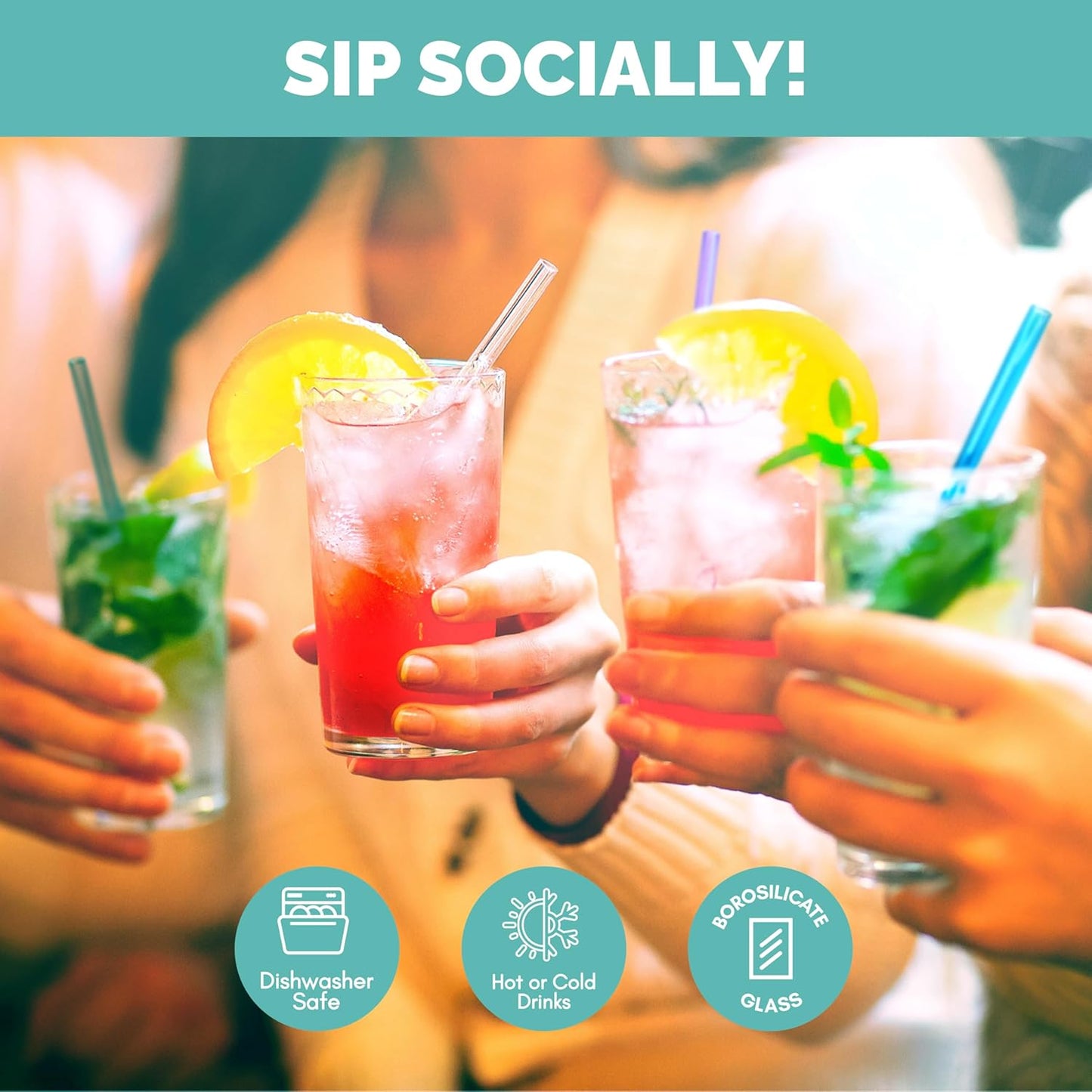 Simply Straws 6 Inch Skinny Glass Straws (6-Pack) - Reusable Cocktail Straws for Mixed Drinks, Low Balls, Coffee & Tea, with Cleaning Brush – Dishwasher Safe, Hot & Cold Use, BPA-Free (Fjord Mist)