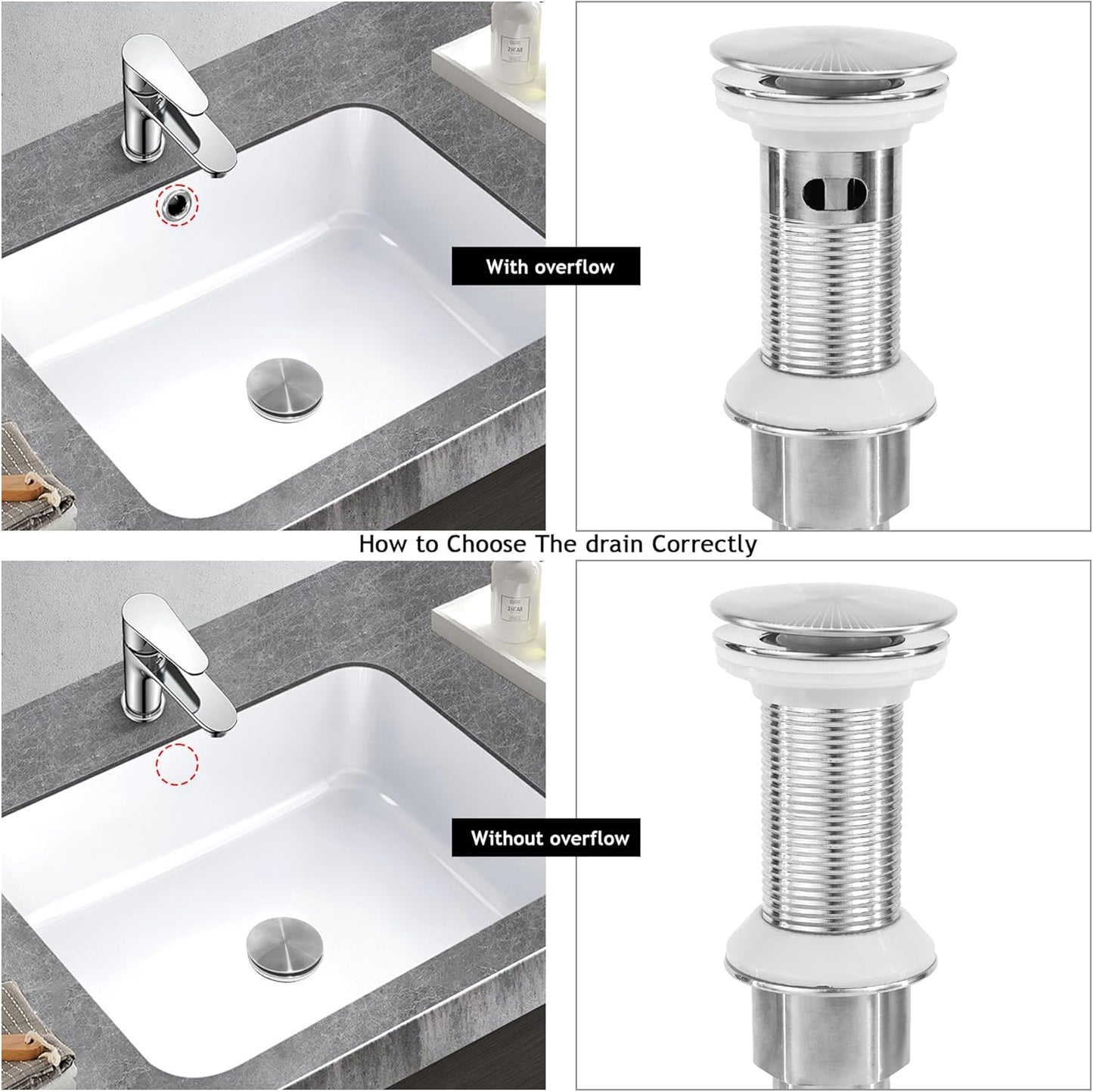 Bathroom Sink Drain,Drain Stopper Bathroom Sink Without Overflow,Pop Up Drain Assembly with Detachable Strainer Basket,Built-in Anti-Clogging, Stainless Steel Nut Brushed Nickel