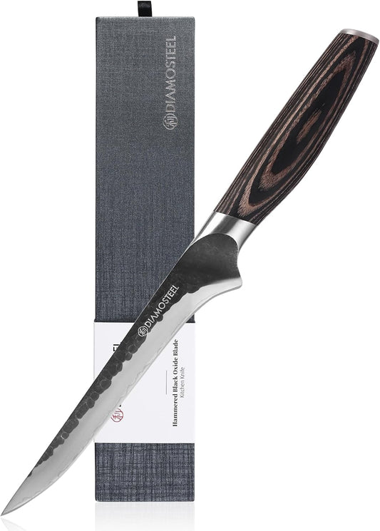 6.5-Inch Boning Knife - Sharp Fillet Knife Hammered Black Oxide Blade Japanese 9CR18MOV High Carbon Stainless Steel - Ergonomic Pakkawood Handle with Present Box