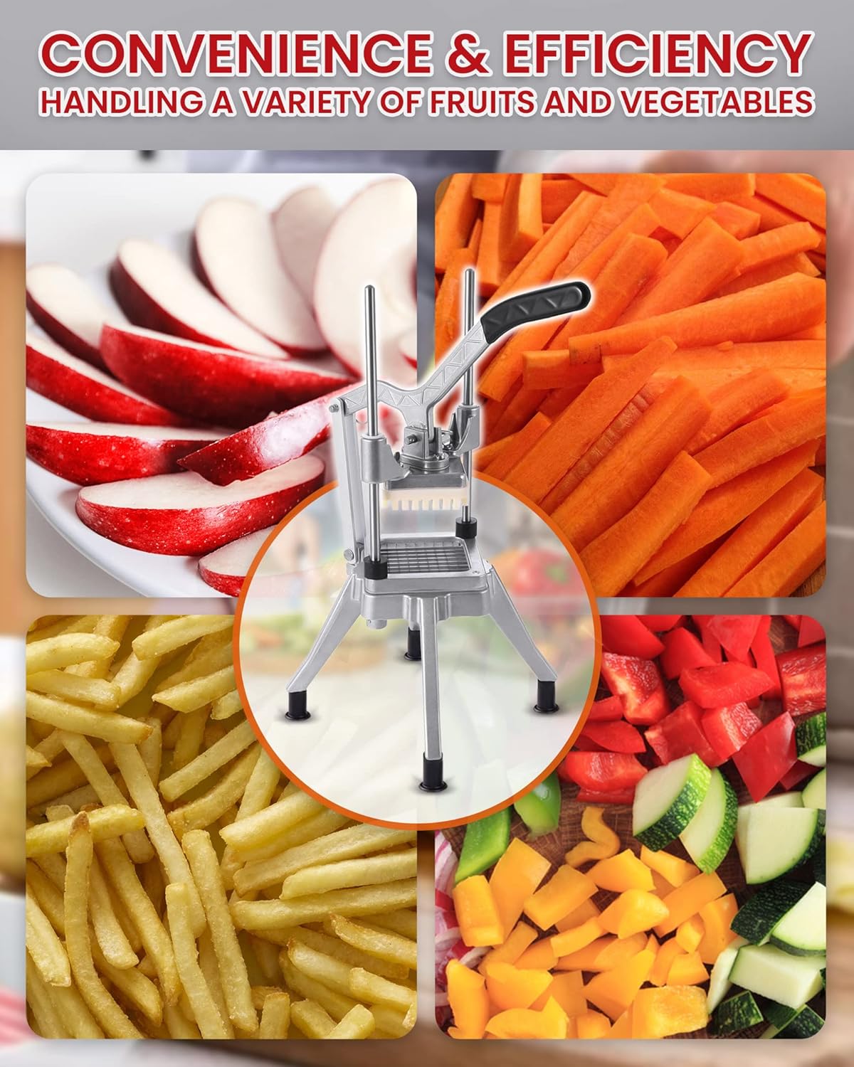 French Fry Cutter Commercial Potato Chopper Stainless Steel Vegetable Dicer Fruit Slicer for Onion,Cabbage,Carrots,Potato,Mushroom,with 4 Blades(1/4",3/8",1/2",8 wedge slice)