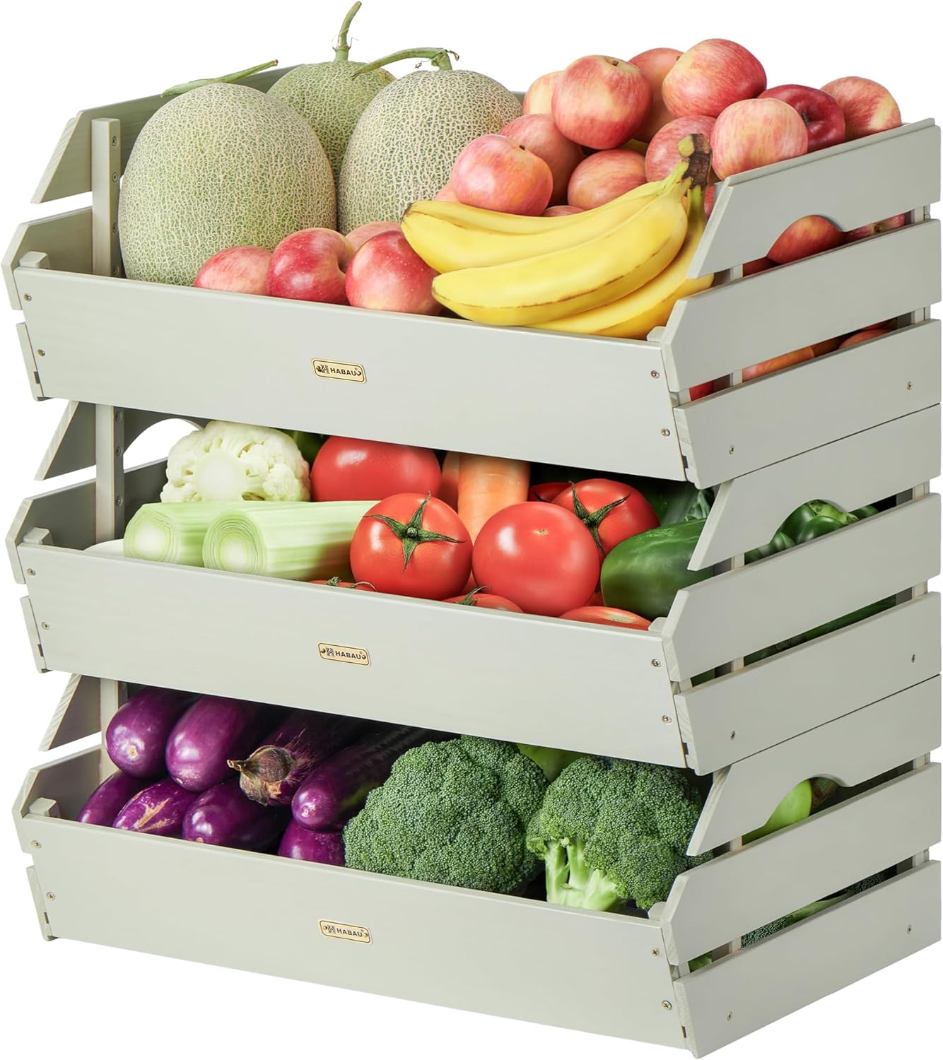 HABAU Wood Potato Onion Storage Bins - Wooden Stackable Produce Basket - Fruit Vegetable Storage for Kitchen Pantry Organization, Set 3 Pieces
