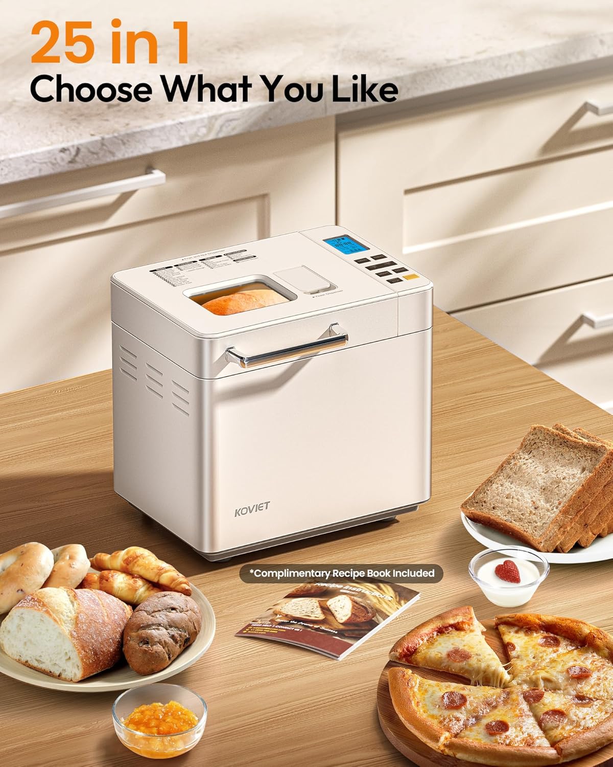 25-in-1 Bread Maker Machine with Automatic Dual Dispenser, 2LB Stainless Steel Breadmaker with Gluten-Free, Dough, Jam, Yogurt etc Settings, Beige