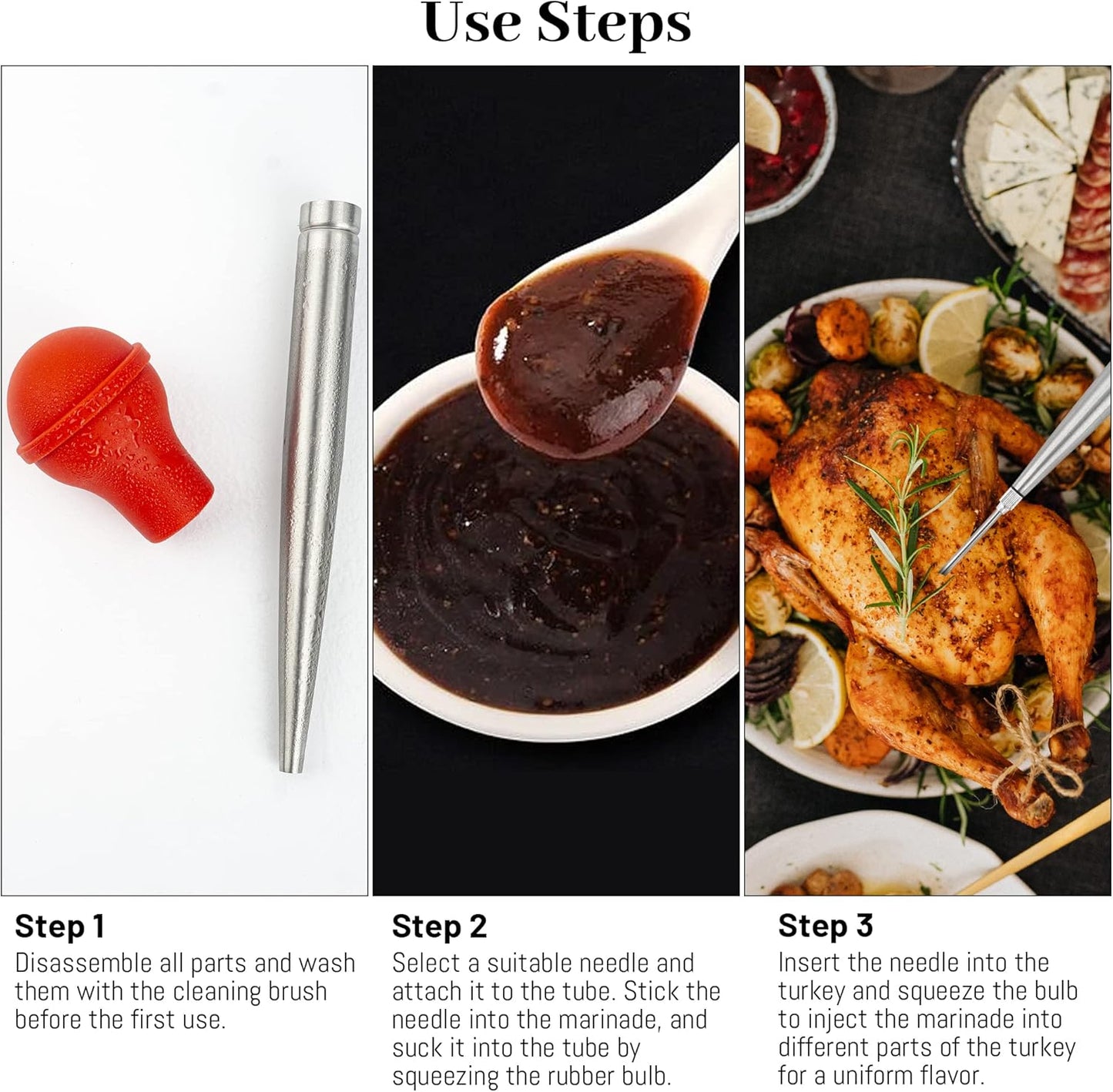 Turkey Baster Syringe for Cooking, Large Stainless Steel Meat Injector, with Cleaning Brush and 2 Marinade Needles, Red