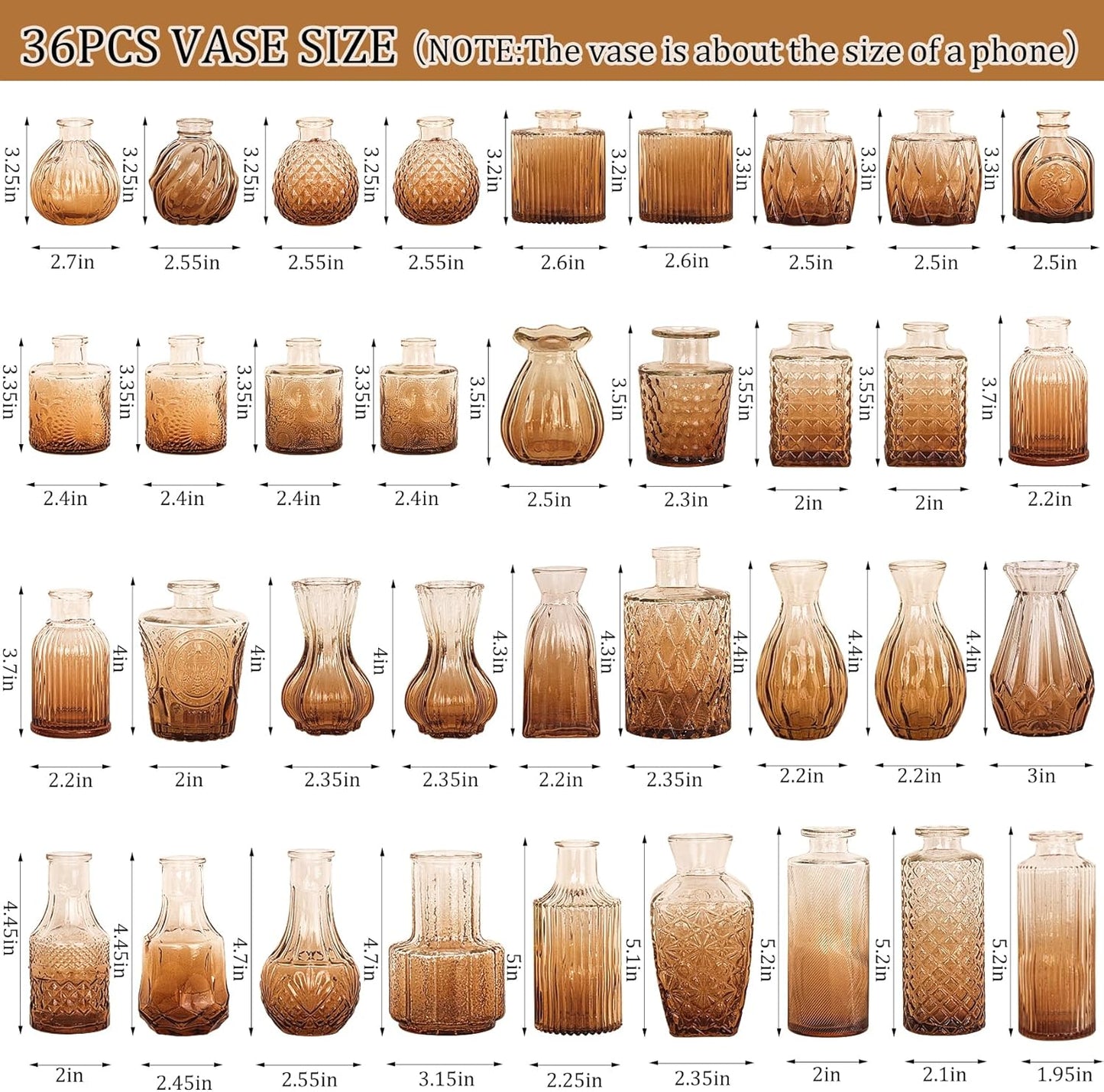 36Pcs Bud Vases Set Small Vintage Glass Bottles Bud Vases in Bulk Multiple Shape Cute Glass Vases for Rustic Wedding Centerpieces Table Decorations and Home Decor(Amber)