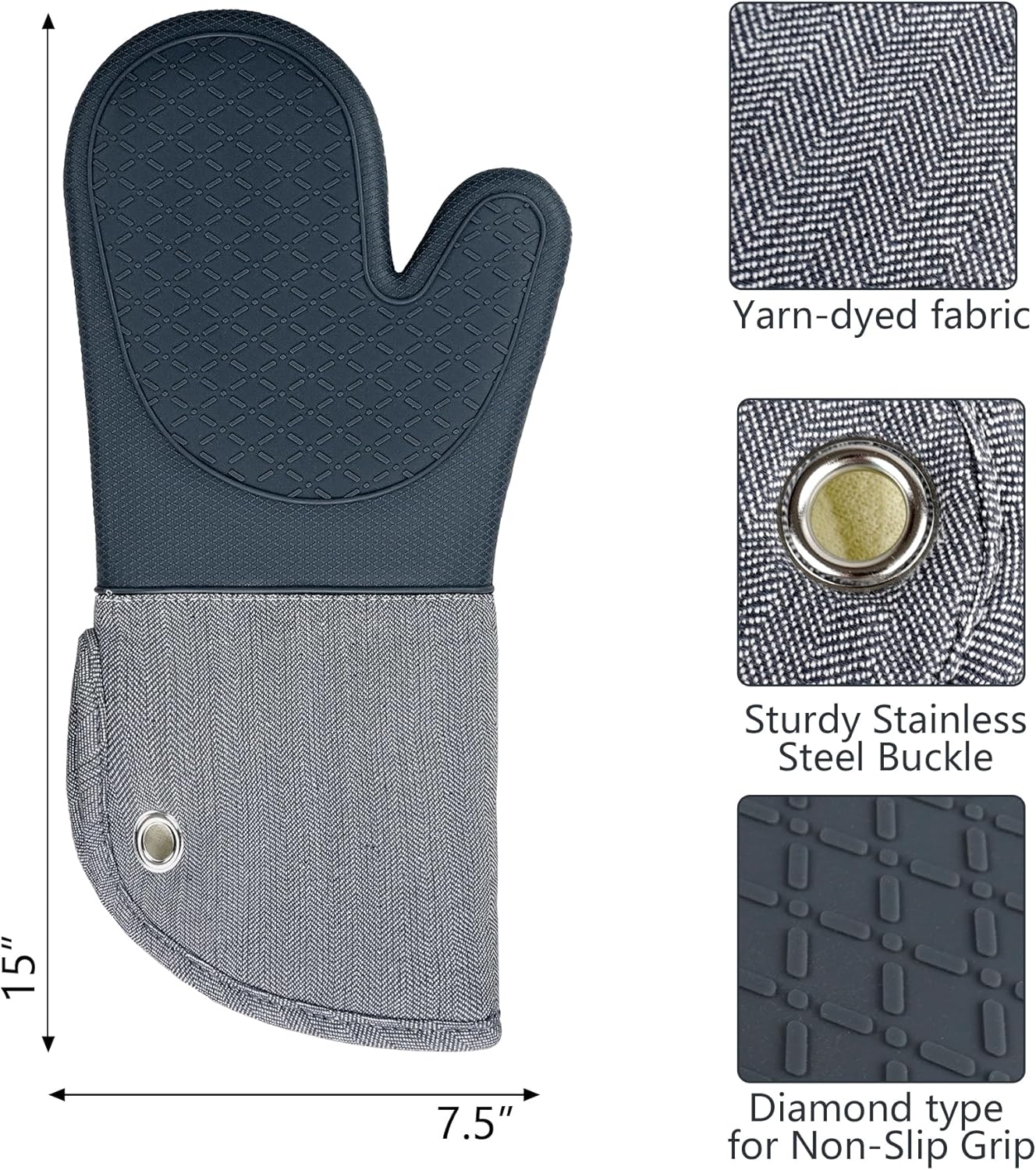 Professional Microwave Silicone Oven Mitts one Pair, Kitchen Mitten Set for Heat Resistant with 500 Degrees, Kitchen Gloves Pot Holder for BBQ Cooking Baking (Gray)