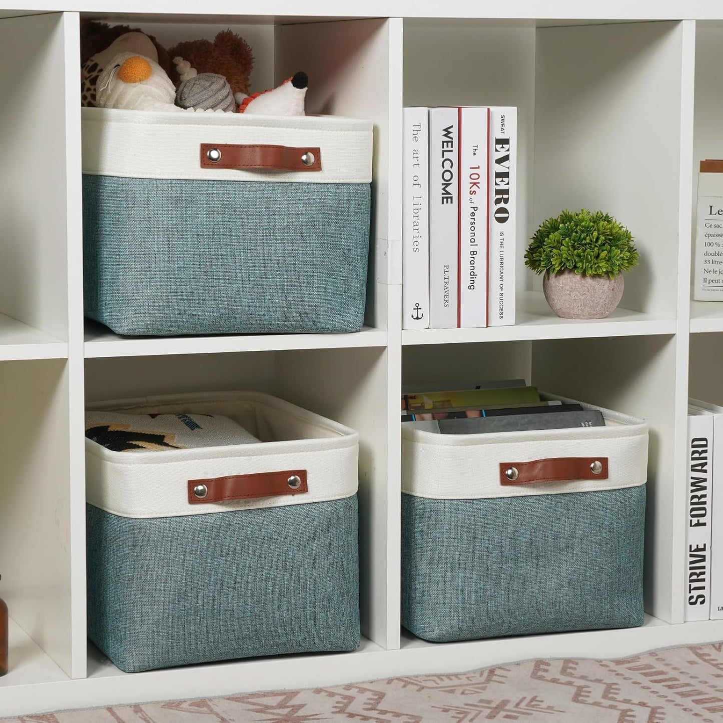 DULLEMELO Storage Baskets for Organizing,Rectangular Fabric Storage Bins with Handles for Office,Bedroom(3-Pack -15 inch X 11 inch X 9.5 inch, White&Dark Green)