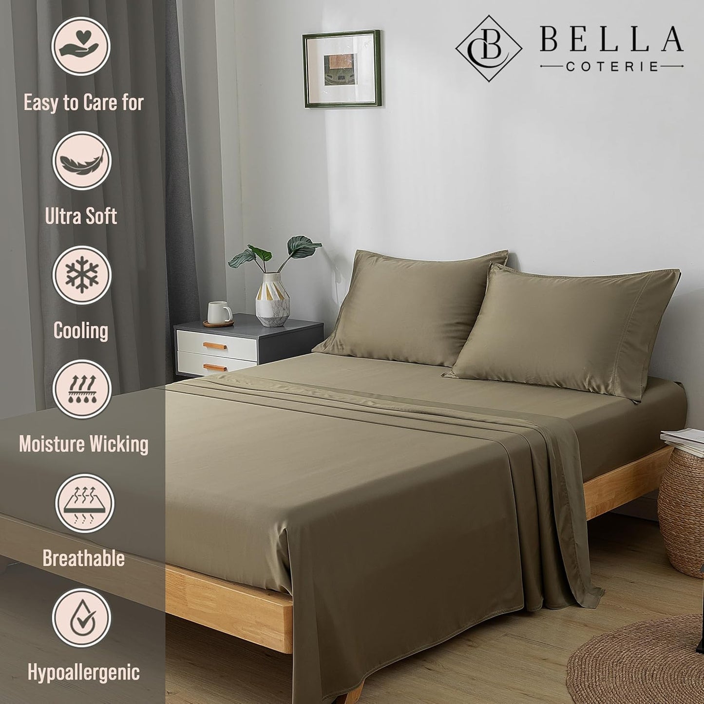 Bella Coterie Luxury Bamboo Viscose Split King Size Sheet Set | 100% Organically Grown | Ultra Soft | Cooling for Hot Sleepers | 18" Deep Pocket [Olive]