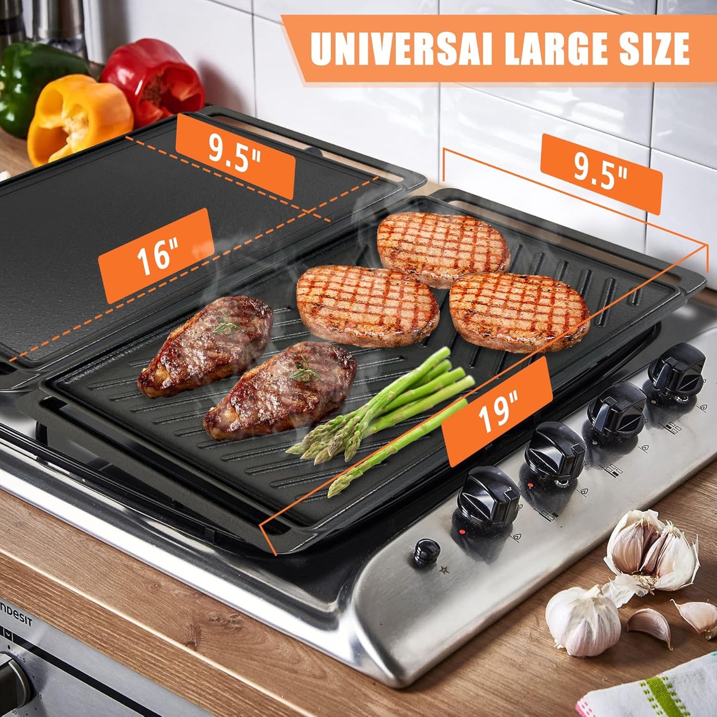 Cast Iron Griddle for Stove Top Large Flat Top Double Griddle Pan for Gas Grill, Fits Two Burners, for Gas, Electric, Ceramic Stovetops, Indoor & Outdoor Cooking - 19" x 10"