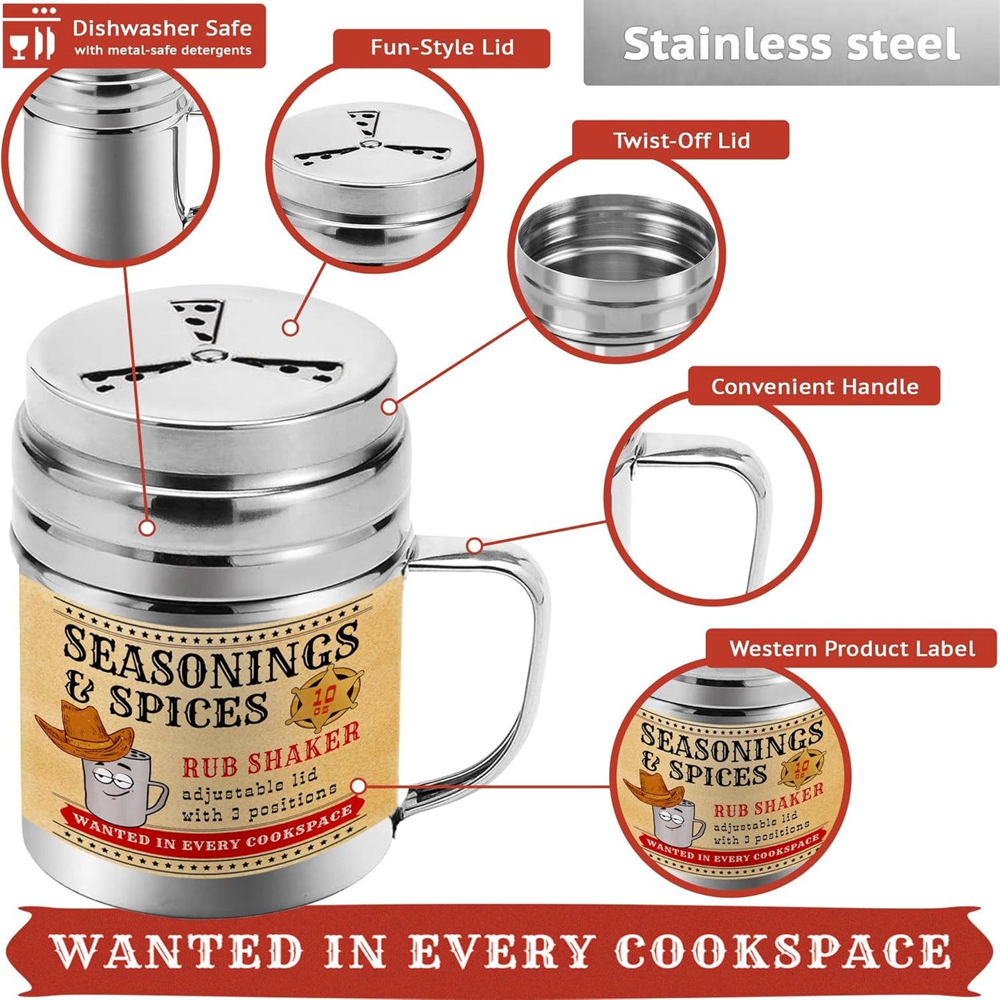 CUSINIUM [Pack of 6] 10 oz Seasonings Spice Shakers - BBQ Dry Rub Shakers - Cooking Dredge with Adjustable Fan-Style Lid and Handles