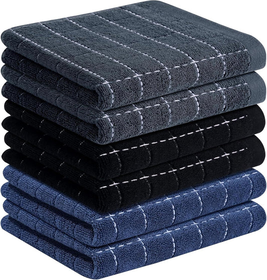 Homaxy 100% Cotton Terry Kitchen Towels(Navy+Grey+Black, 13 x 28 inches), Checkered Designed, Soft and Super Absorbent Dish Towels, 6 Pack