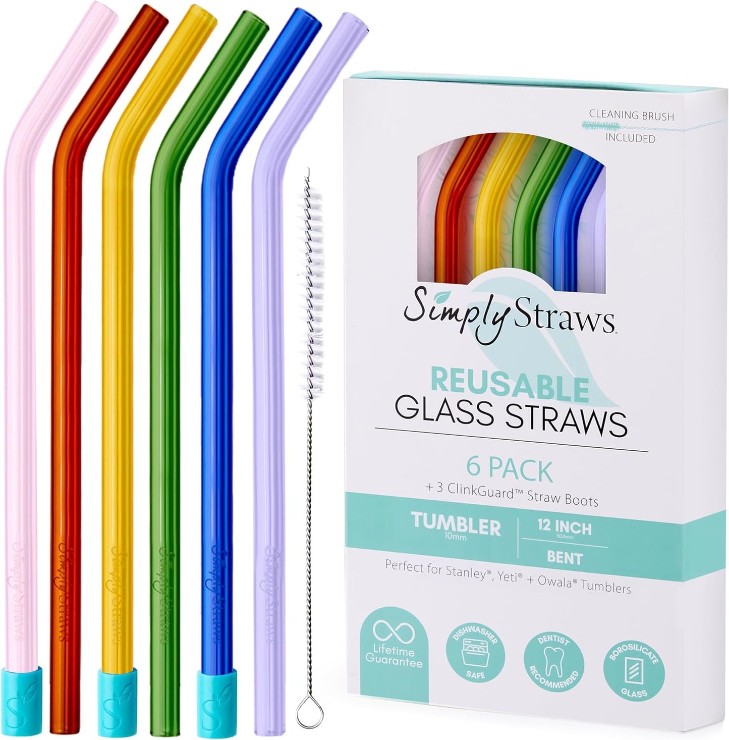 Simply Straws 12 Inch Glass Straws Bent (6-Pack) – Reusable Glass Straws for Stanley 40 Oz Tumbler, with Cleaning Brush – Durable, Dishwasher Safe, Hot & Cold Use, BPA-Free (Iridium)