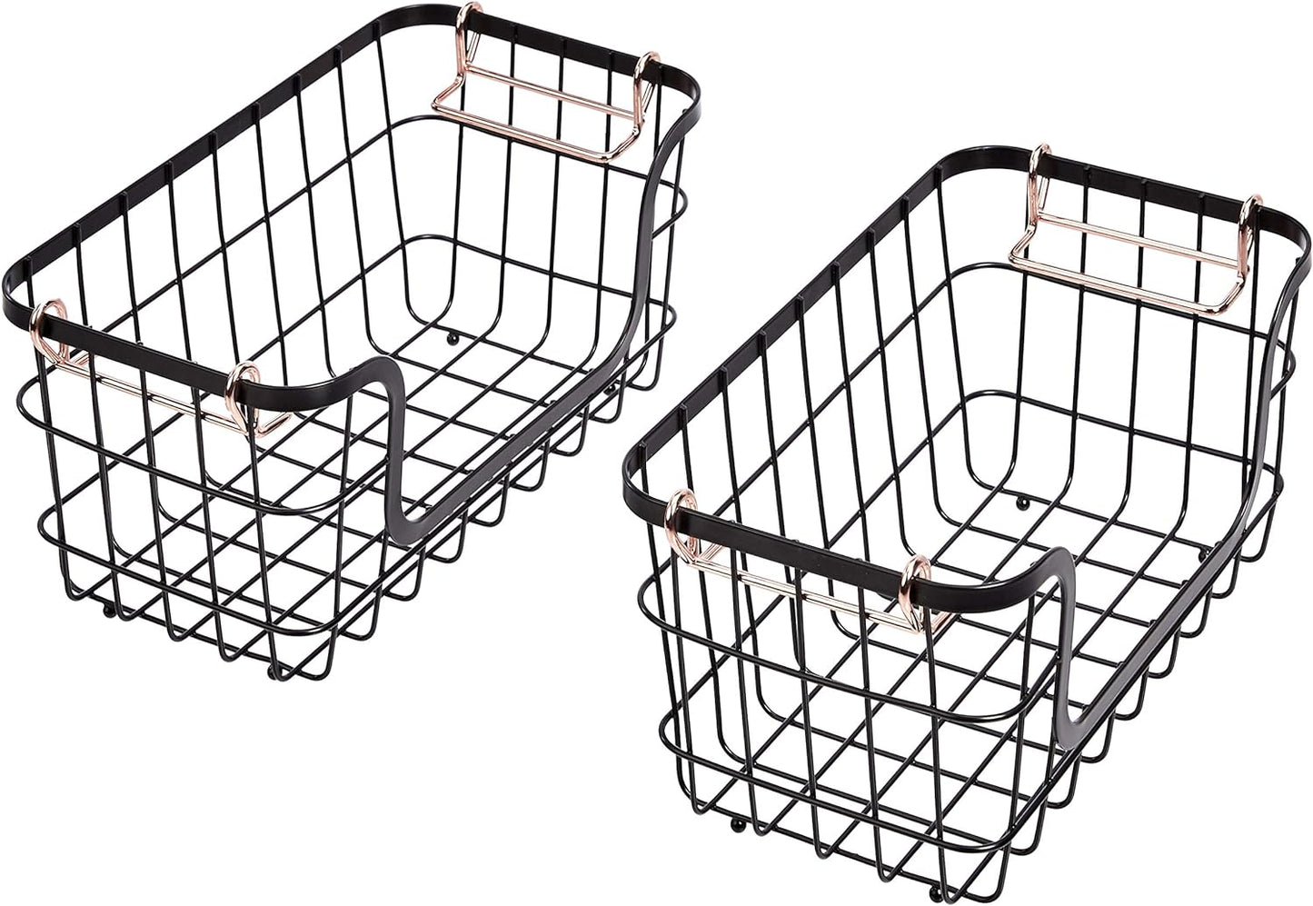 Amazon Basics Stackable Metal Wire Rectangular Storage Basket Set For Kitchen or Bathroom, 2 Count, Black