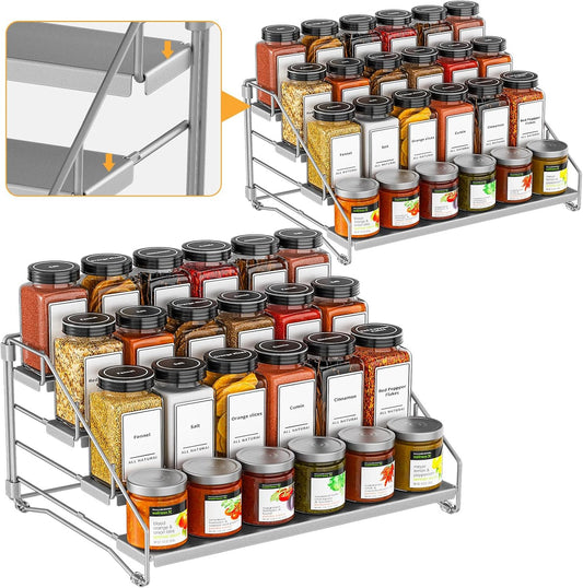 4 Tier Spice Rack Organizer for Cabinet, Spice Rack Organizer, Depth Adjustable Spice Organizer for Cabinet, Countertop, Cupboard, Pantry, Seasoning Shelf, Metal, Gray (2 Pack)