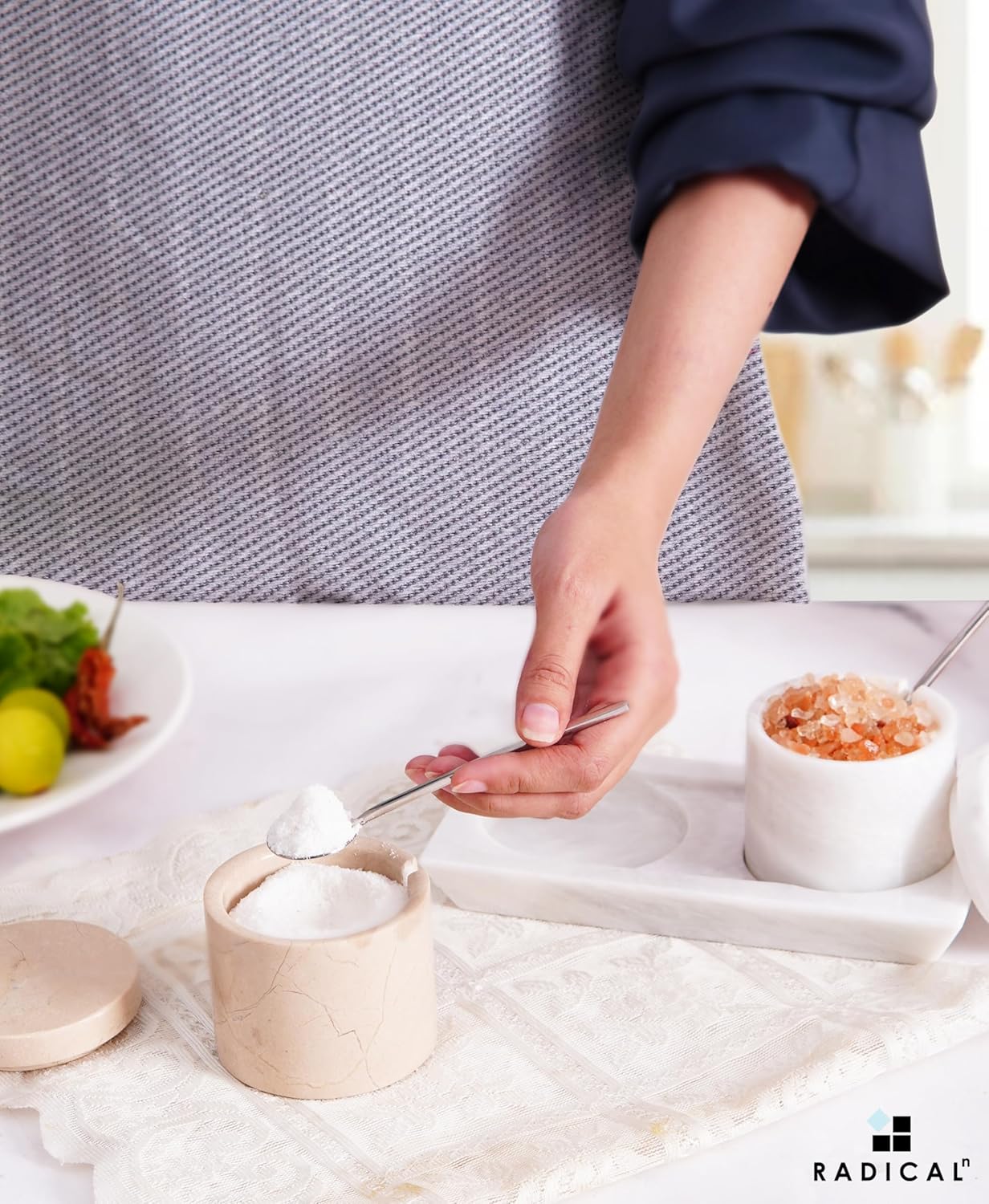 Radicaln Marble Salt Cellar With Lid and Tray 3" Inch White and Verona Set of 2 Salt Bowl & Spice Storage Container for Kitchen countertop, Ideal Sugar Bowl