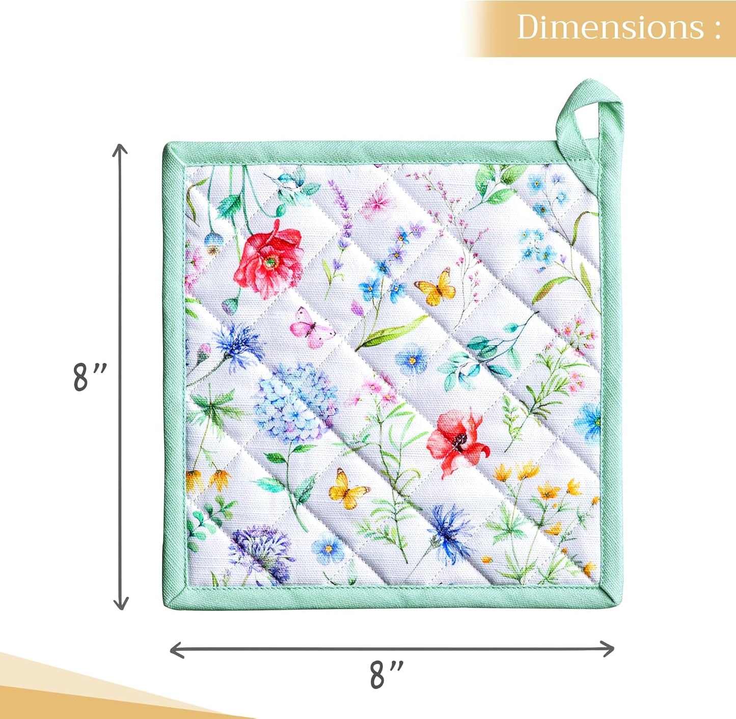 Maison d' Hermine Pot Holders 100% Cotton Heat Resistant Potholders 8" x 8" Hot Pads with Loop BBQ, Cooking, Baking, Grilling, Kitchen, Handling Hot Pans Spring/Summer (Pack of 1, Just Floral)