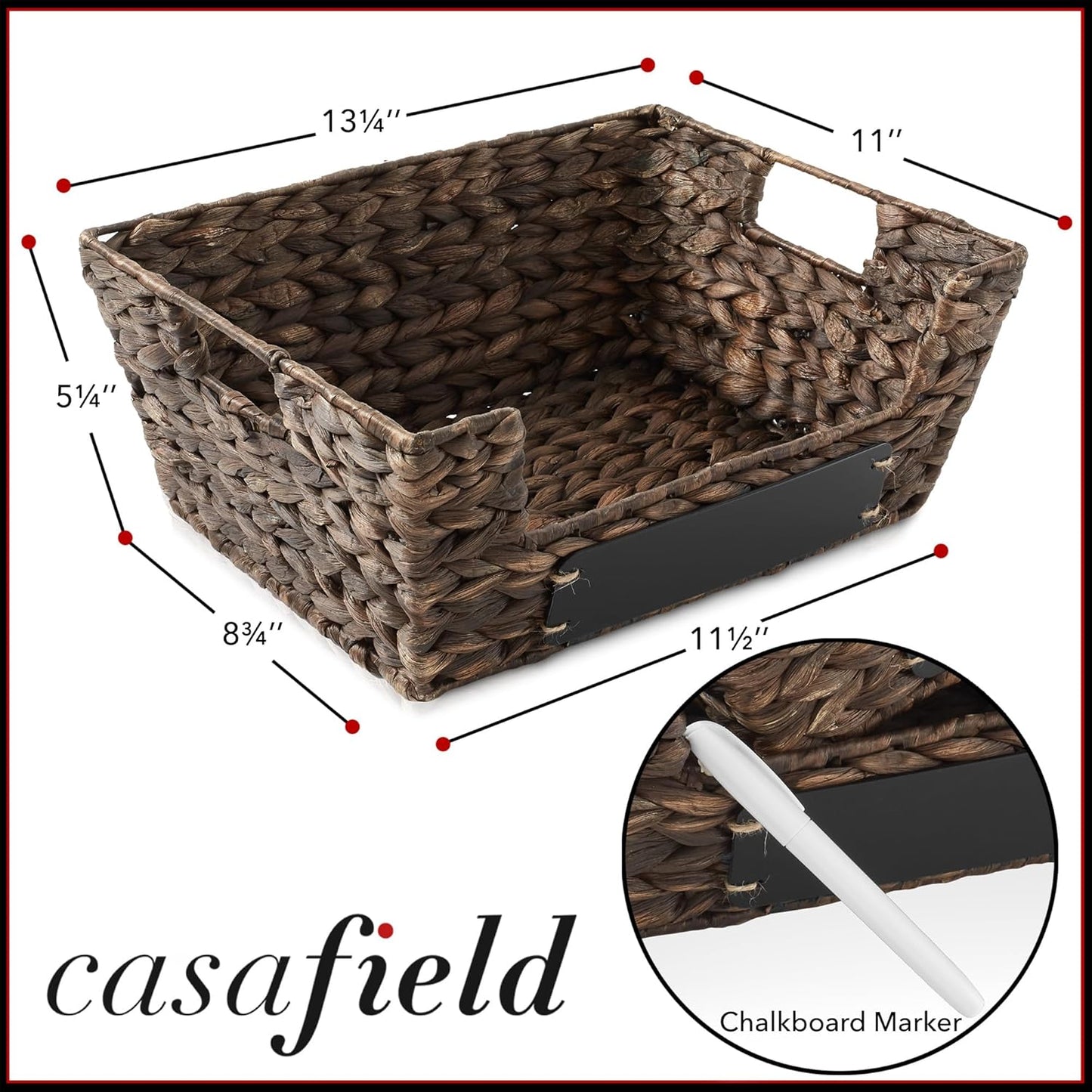 Casafield Set of 2 Water Hyacinth Pantry Baskets with Handles, Chalkboard Labels, and Marker - Espresso, Wide Woven Storage Bin Organizers for Kitchen Shelves