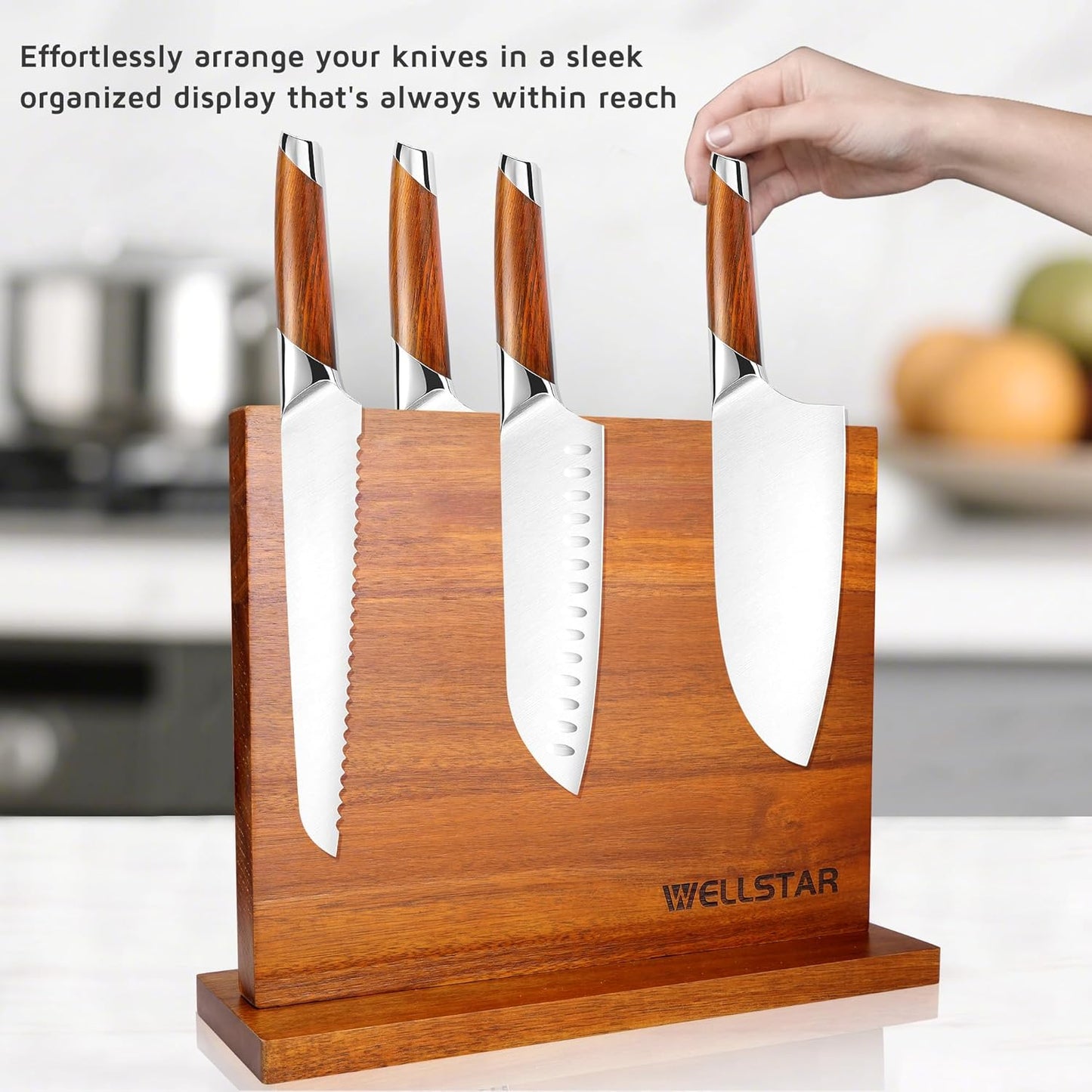 Modern Acacia Magnetic Knife Block Holder 12 x 10 Inches, Large Dual-Sided Strong Magnet Wood knives Stand, Luxurious Kitchen Counter Rack Organizer for a Stable and Stylish Cutlery Display