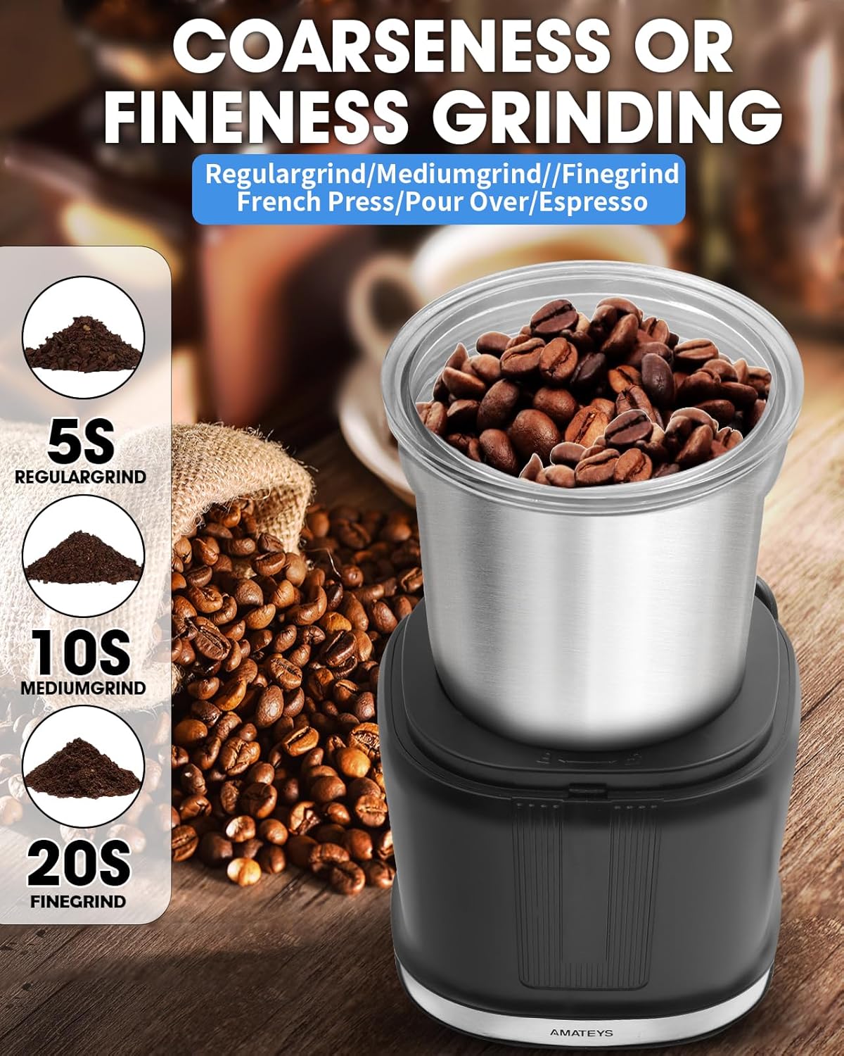 Electric Coffee Grinder,250W Powerful Motor Kichen Grinder,Quite Home Machine with 75g Coffee Bean Capacity,for Beans Spices Nuts Grians Herbs,Stainless Steel and Black