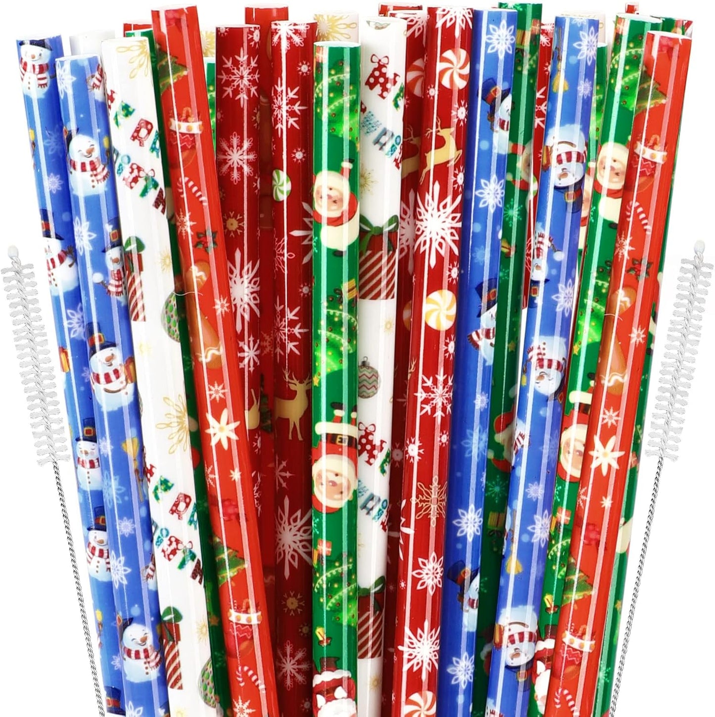 JANYUN 30 Pieces Christmas Drinking Straws BPA-Free 9inch Printing Hard Plastic Reusable Straws Xmas Balls Snowflake Elk Straw for Family Party Favors Supplies Cleaning Brush