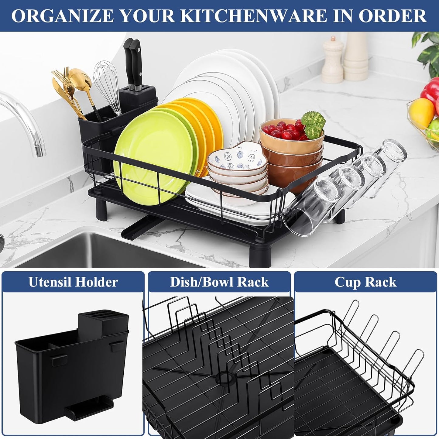 Homaxy Dish Drying Rack for Kitchen Counter (16.93''L x 12.99''W), Space-Saving Dish Drainer Rack Set with Drainboard, Large Dish Rack with Utensil Holder, Cup Rack and Knife Slots, Black