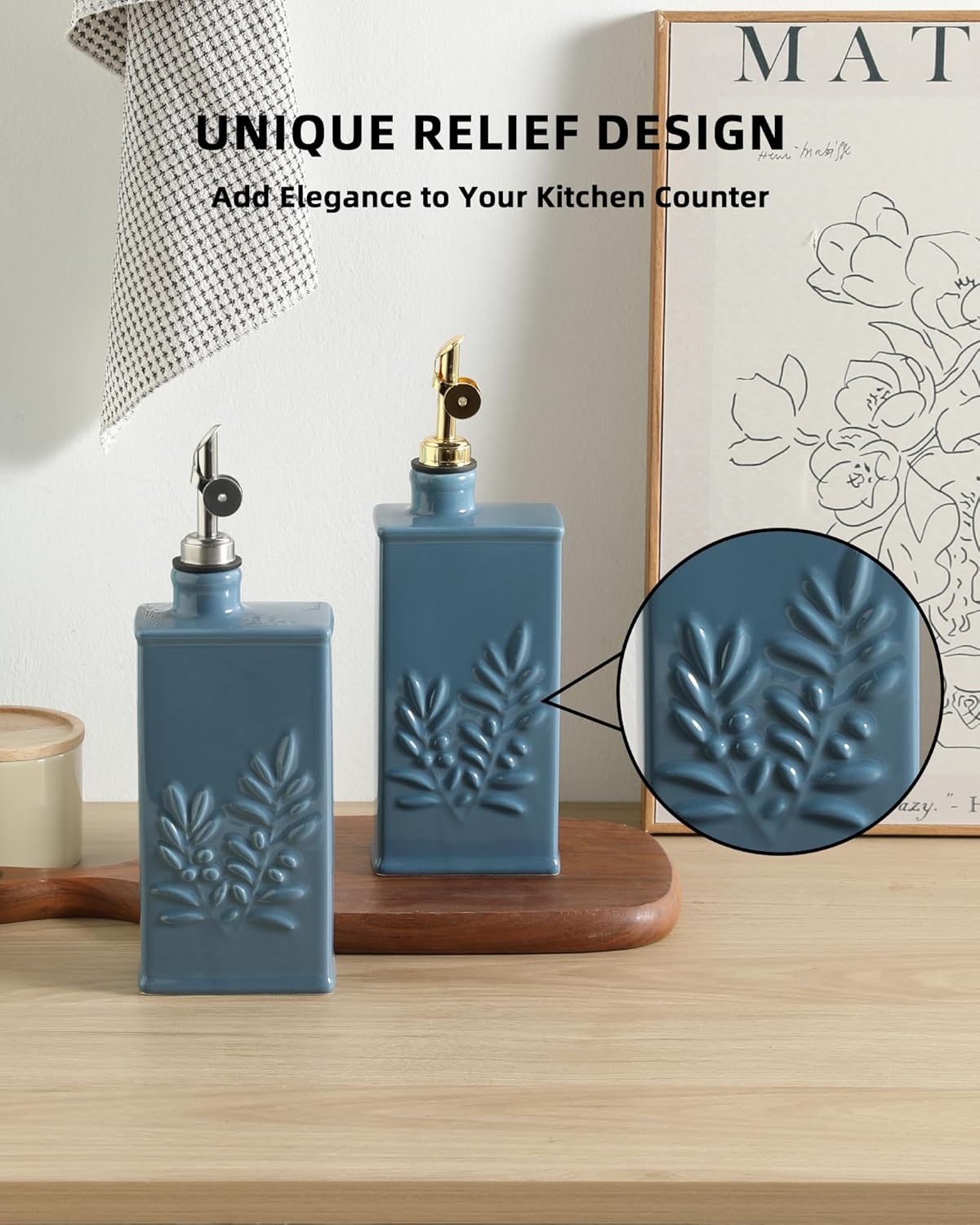 Sweejar Ceramic Olive Oil Dispenser Bottle for Kitchen, 17 Oz Relief Opaque Oil and Vinegar Dispenser Bottle with Spout, Suitable for Soy Sauce, Coffee Syrup, Liquids (Fogblue)