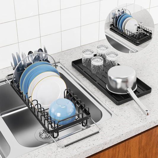 Giwil Small Sink Drying Rack, Compact Dish Rack with Silicone Mat for Kitchen Counter, Expandable Rustproof Dish Drying Rack Used Over Sink, in Sink & on Countertop, Black