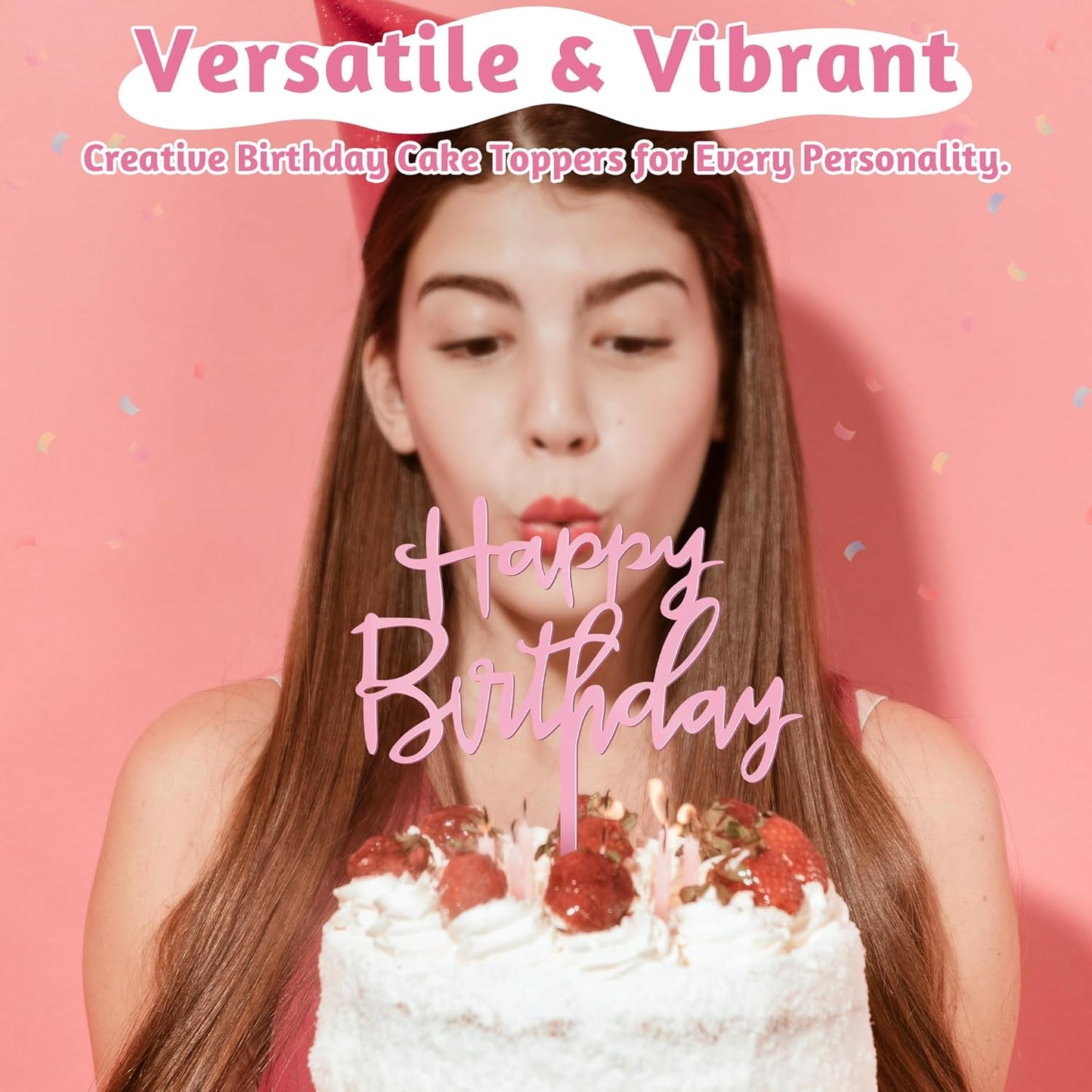 1 PCS Happy Birthday Cake Topper, 4.7 Inches x 5.5 Inches Acrylic Cake Topper, Pink Crisp Lettering Birthday Cake Decorations for Kids, Adults, Dessert, Birthdays Party, Table, Photo Booth