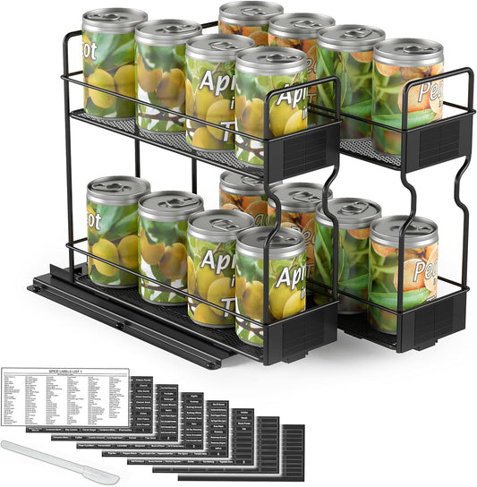 SpaceAid Pull Out Spice Rack Organizer for Cabinet, Heavy Duty Slide Out Seasoning Kitchen Organizer, Cabinet Organizer, with Labels, 7.7" W x10.75 D x10 H, 2 Drawers 2-Tier