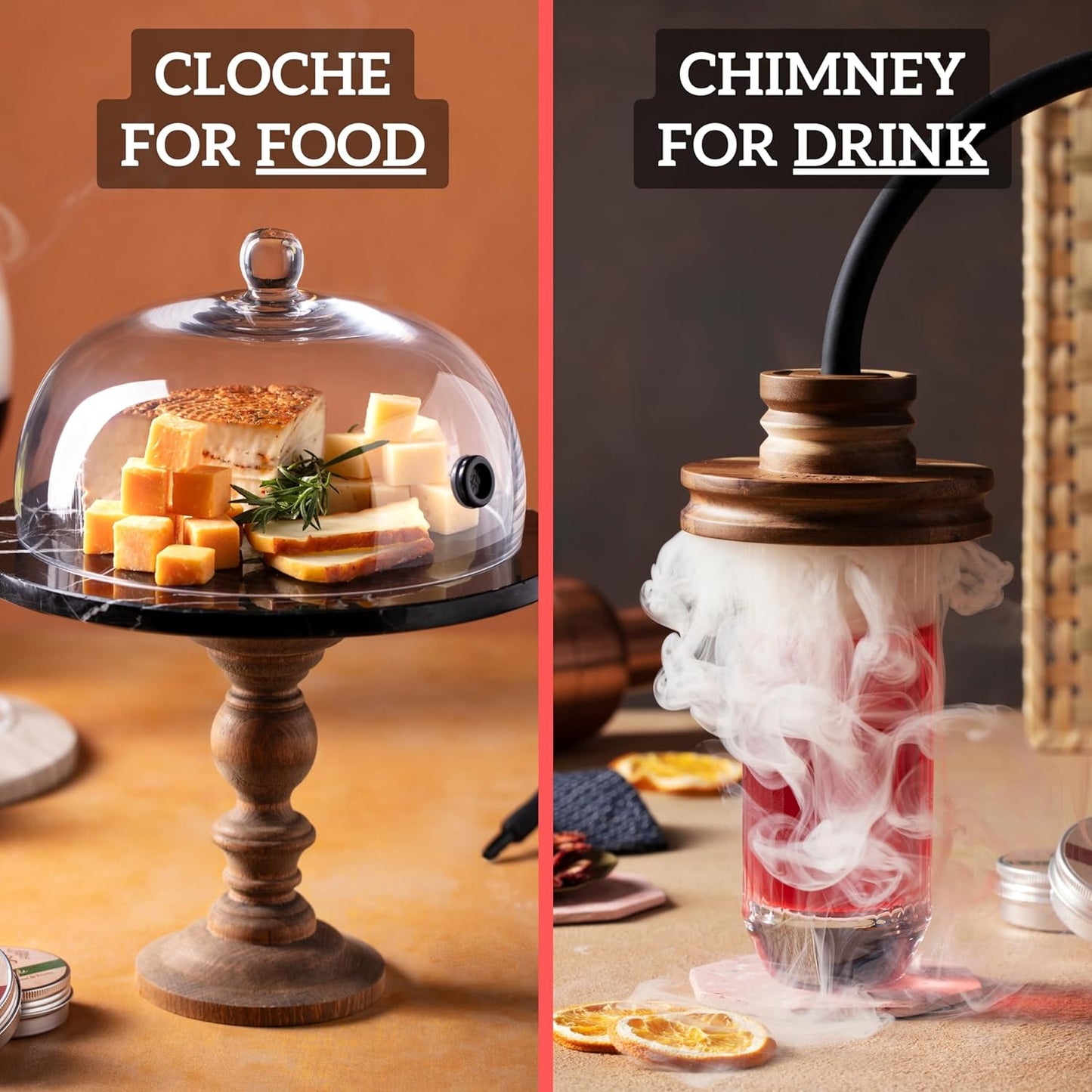 Food and Drink Smoker Kit with Smoke Gun, 8" Smoking Cloche Glass Dome, Acacia Cocktail Smoke Top and Wood Chips (Apple & Cherry) - Whiskey Smoker Kit - Gifts for Men (Torch Not Required)