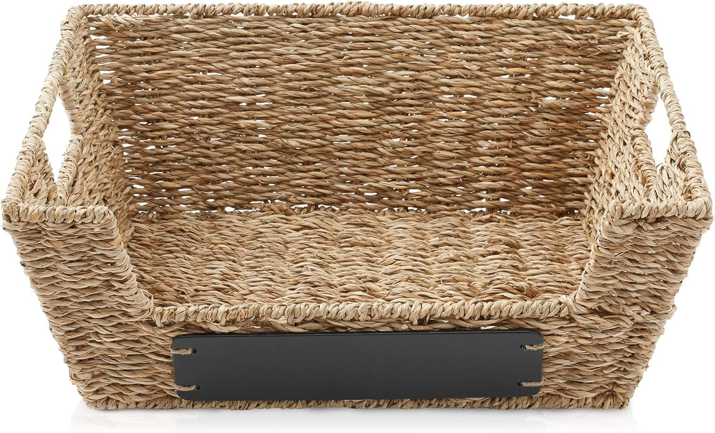 Casafield Set of 2 Seagrass Pantry Baskets with Handles, Chalkboard Labels and Marker - Natural, Wide Woven Storage Bin Organizers for Kitchen Shelves