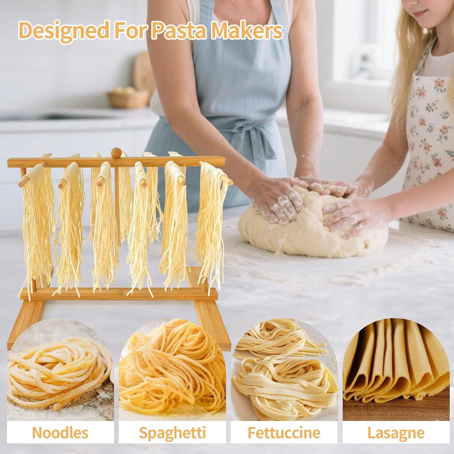 Bamboo-Pasta-Drying-Rack With Transfer Wand & 12 Arms, Large Tall Collapsible Fresh Pasta Dryer Holder For Homemade Noodle, Spaghetti, Tagliatelle, Detachable Fettuccine Hanger Stand With 12 Bars