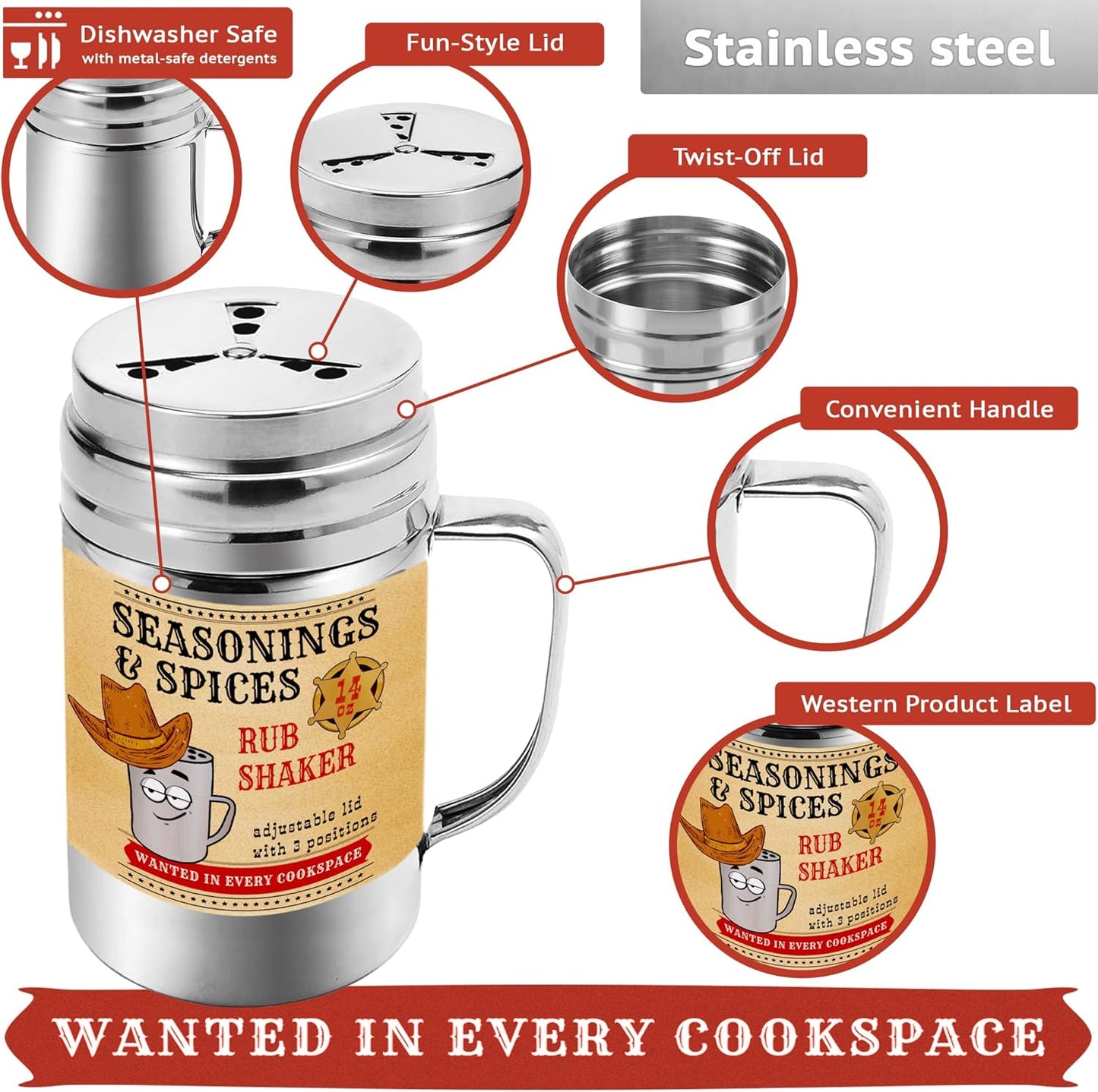 CUSINIUM [Pack of 4] 14 oz Seasonings Spice Shakers - BBQ Dry Rub Shakers - Cooking Dredge with Adjustable Fan-Style Lid and Handles