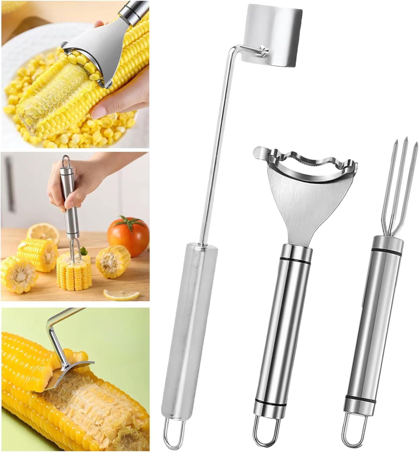Corn Peeler 3 Pcs Stainless Steel Corn Peeler and Stripper Tool Set Upgraded Corn Stripper for Corn on the Cob,Peel Corn Cob Separator Quick,Gift for Women Home Dining Enthusiasts Gadget (3 Pcs)